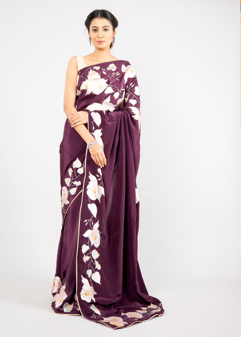 Hand-painted Wine Pure Crepe Silk Saree