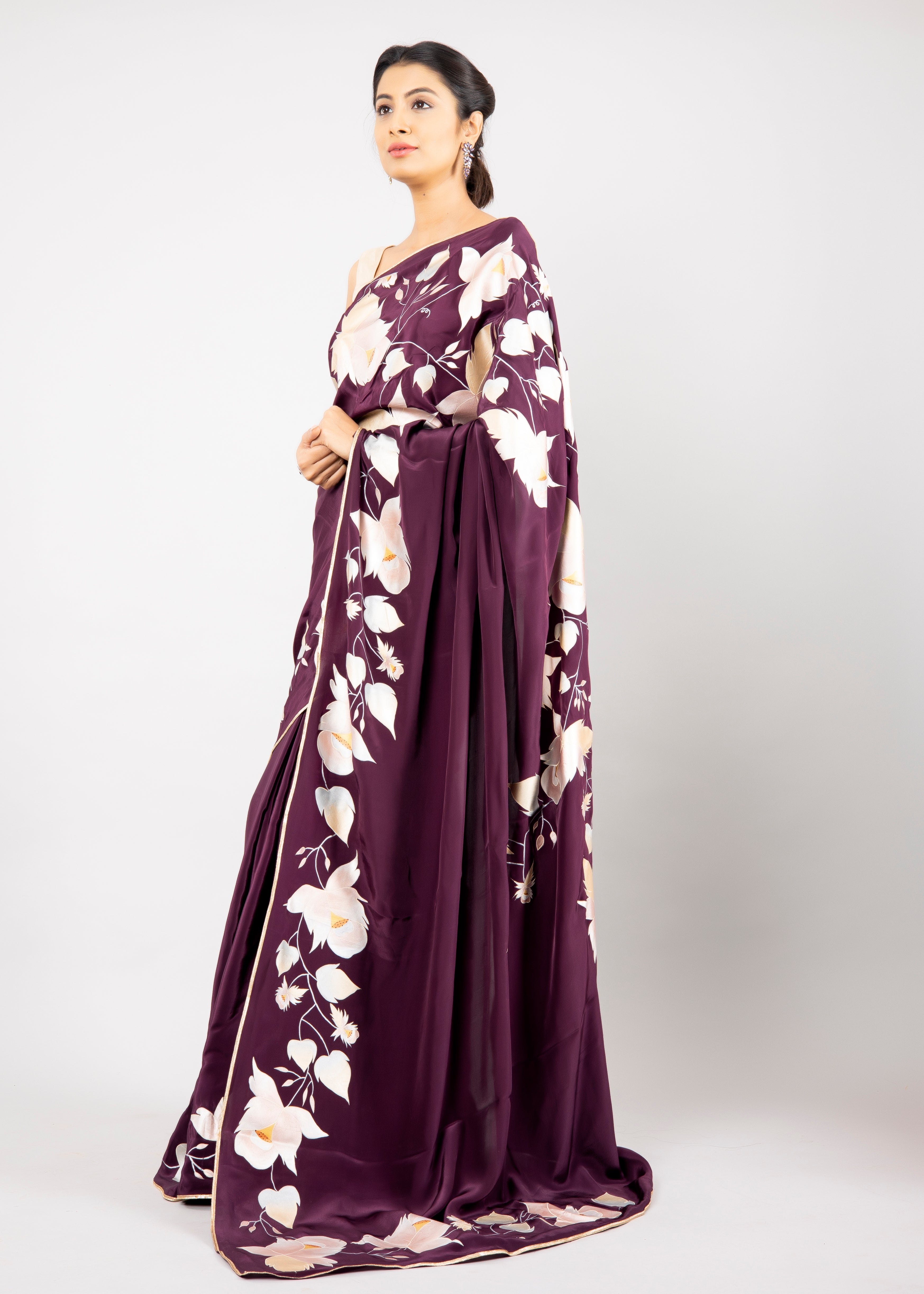 Hand-painted Wine Pure Crepe Silk Saree