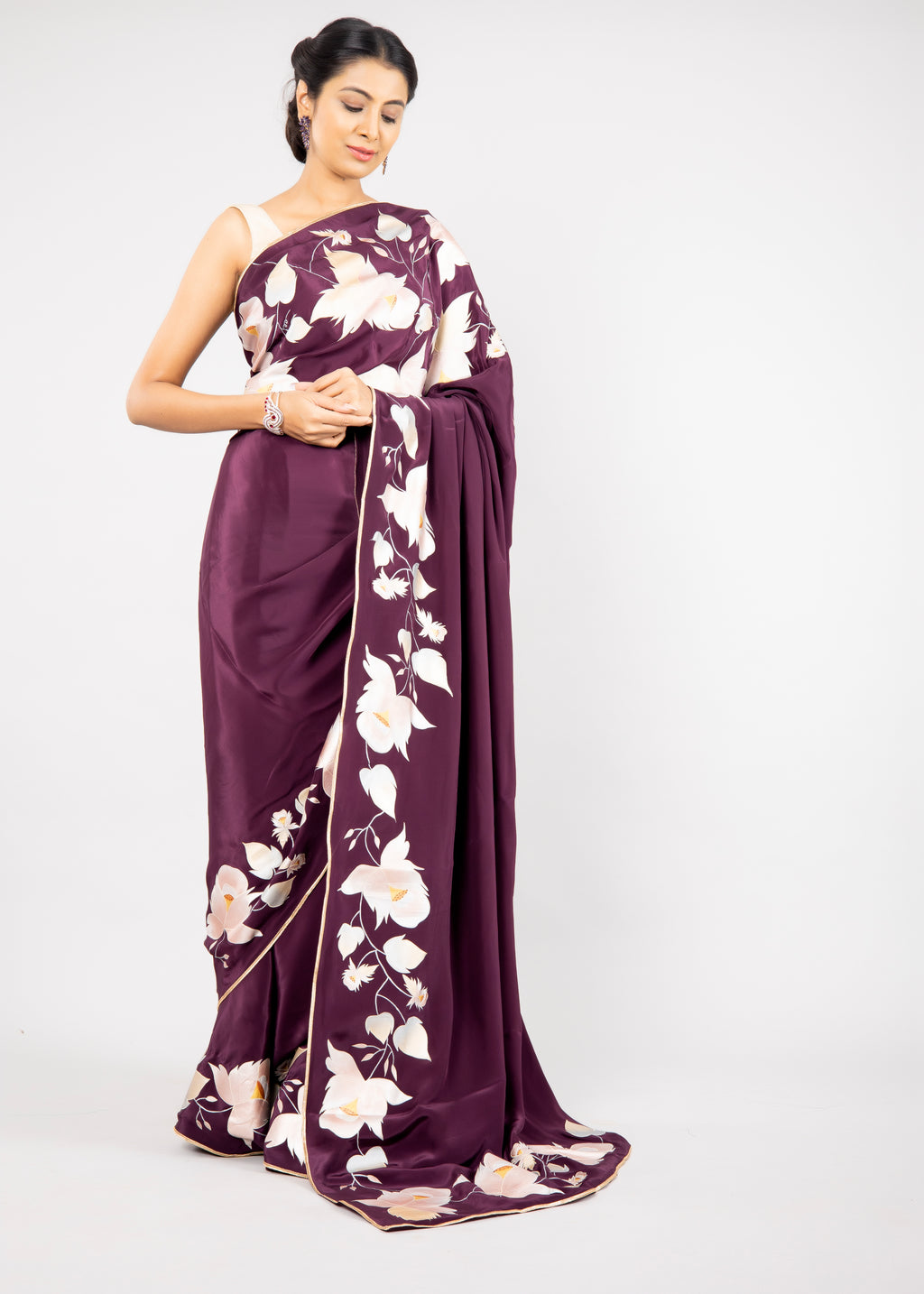 Hand-painted Wine Pure Crepe Silk Saree