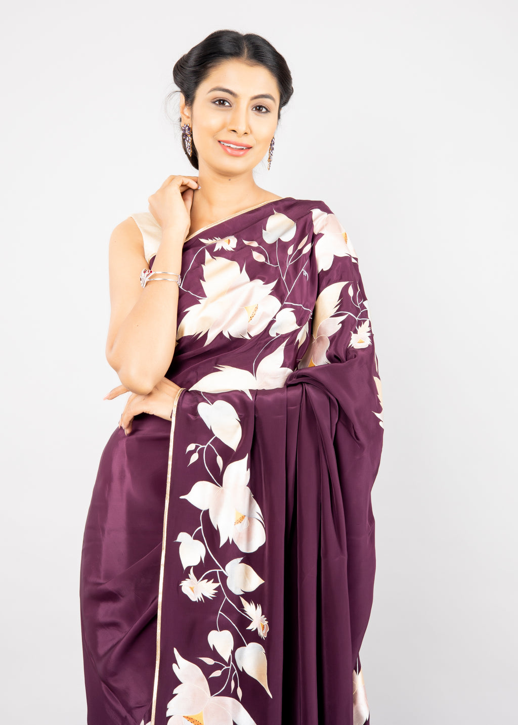 Hand-painted Wine Pure Crepe Silk Saree