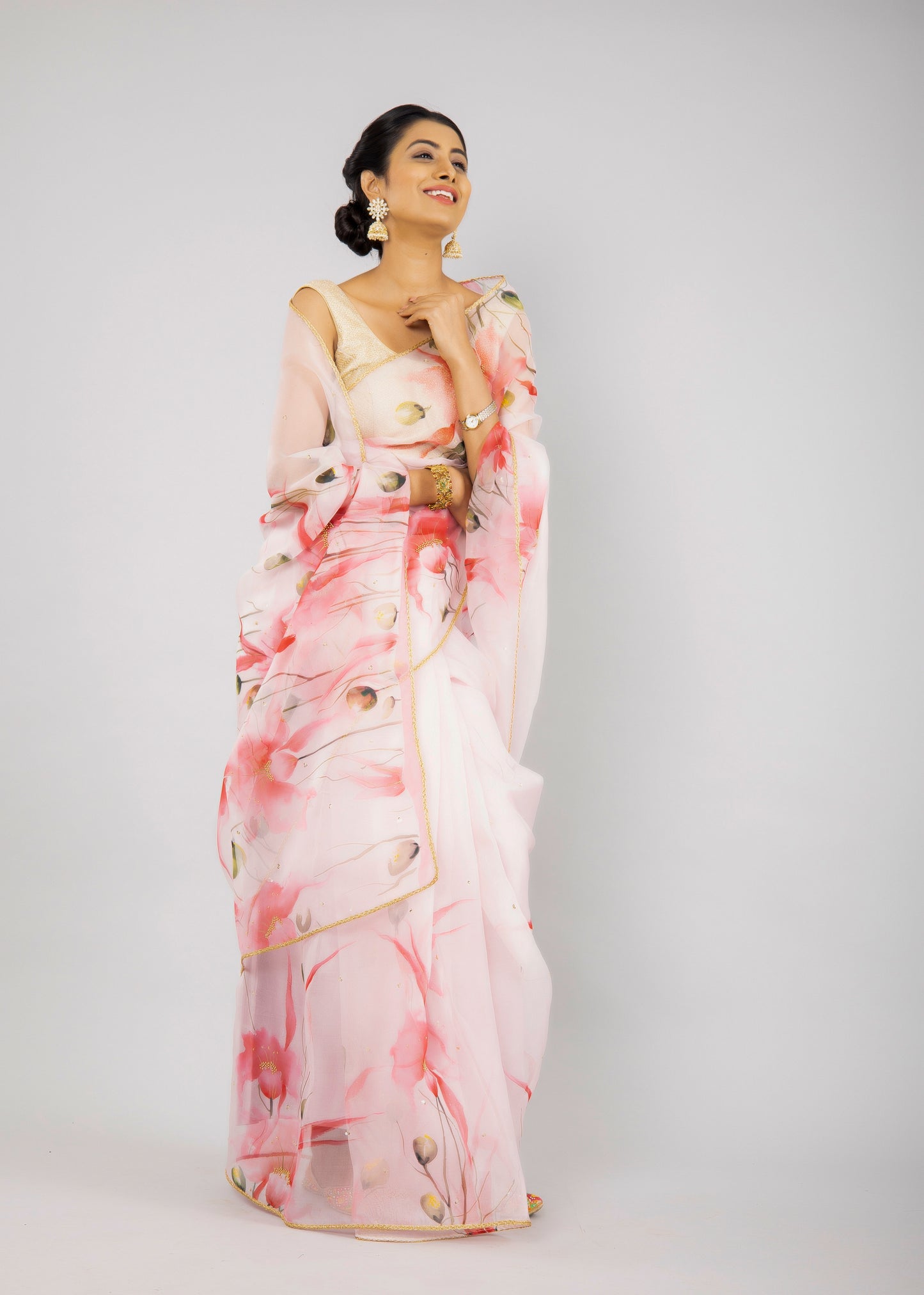 Hand-Painted Ivory Floral Silk Organza Saree