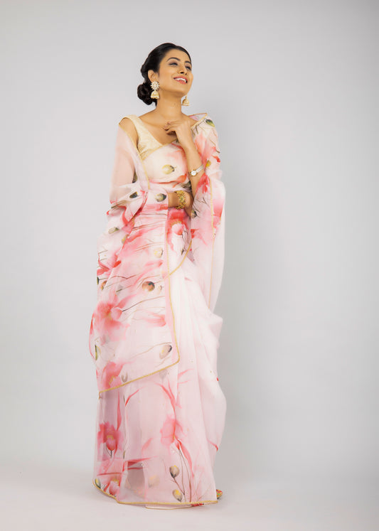Hand-Painted Ivory Floral Silk Organza Saree