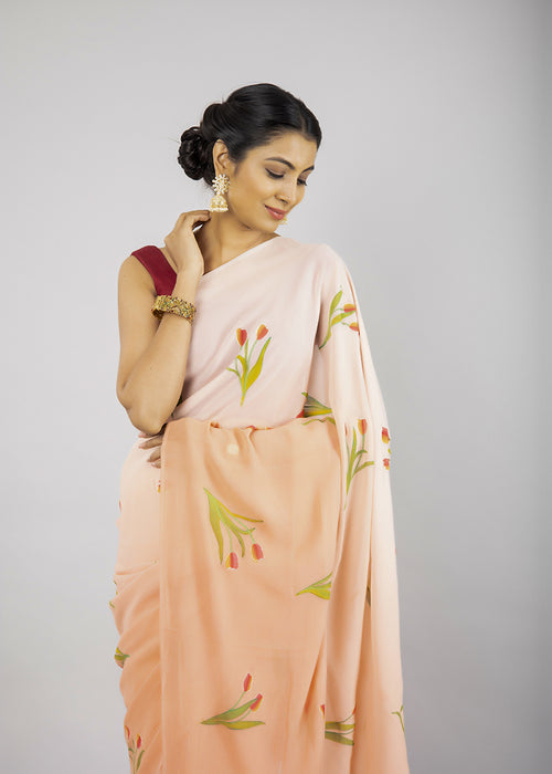 Ombre Peach Hand-Painted Pure Georgette Saree