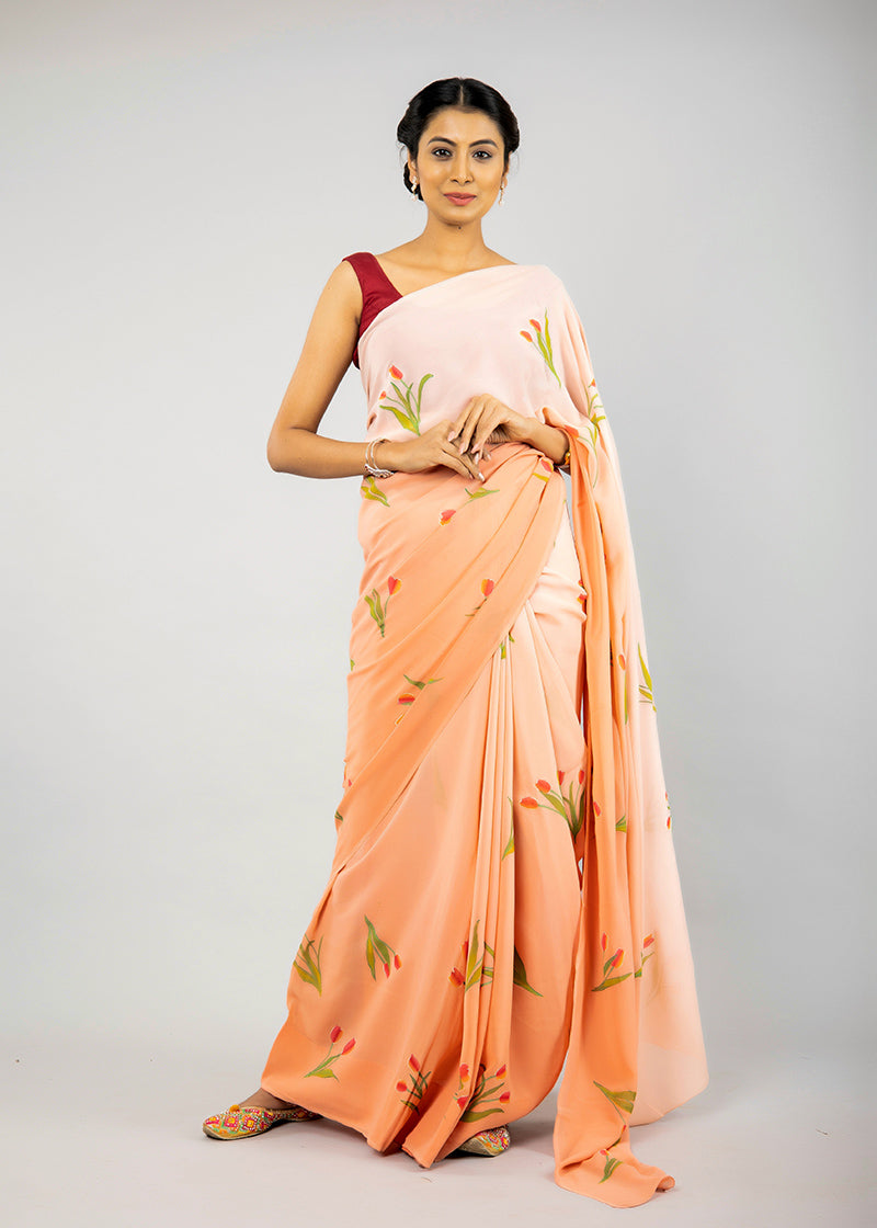 Ombre Peach Hand-Painted Pure Georgette Saree