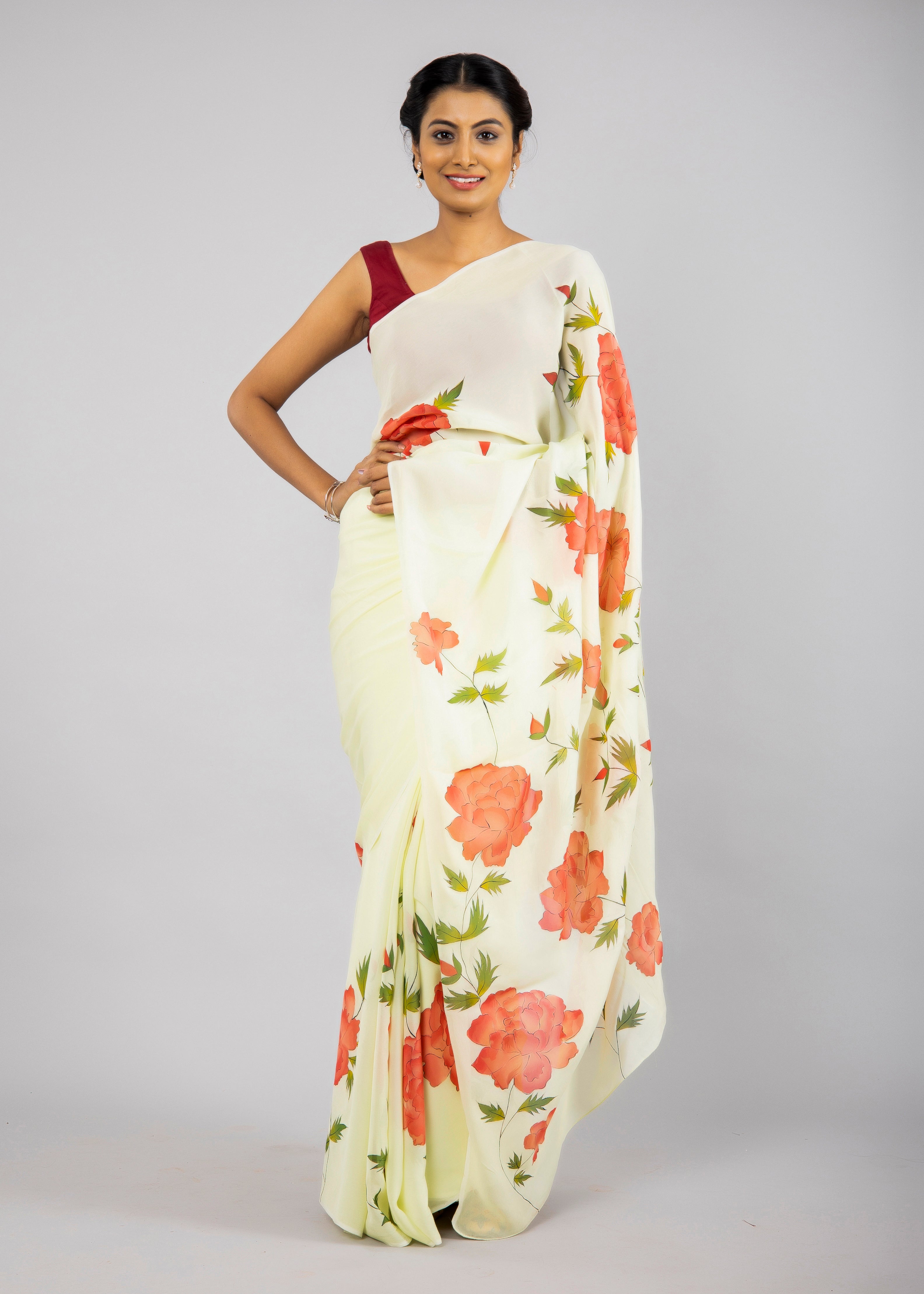 Hand-painted Lime Green Georgette Peonies Saree