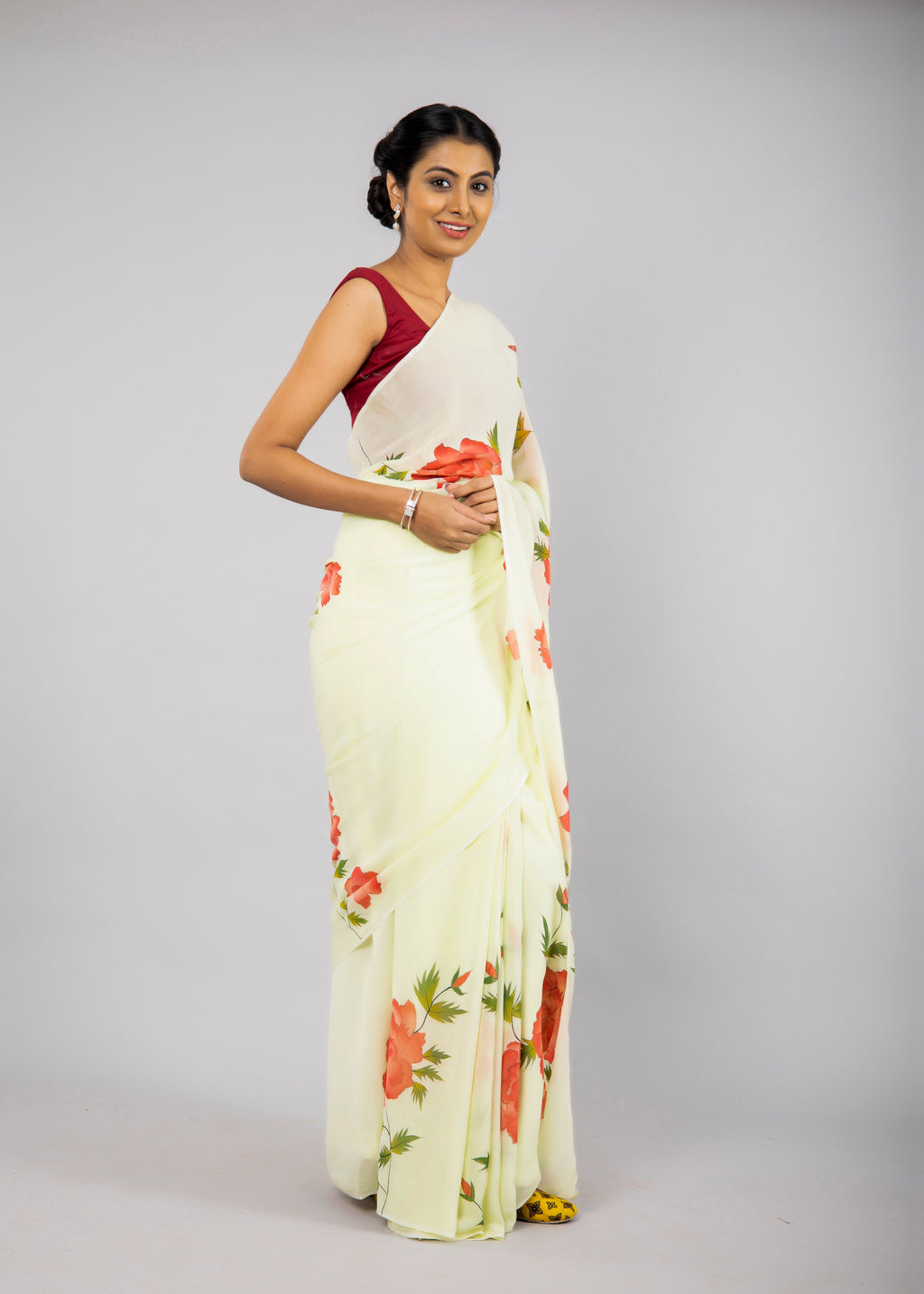 Hand-painted Lime Green Georgette Peonies Saree