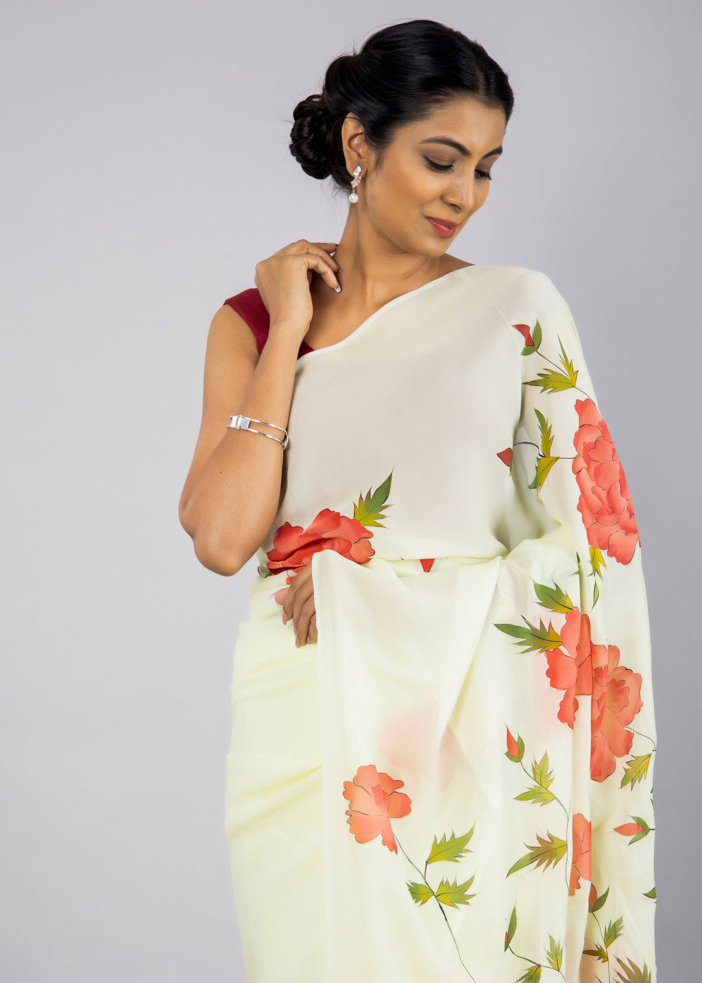 Hand-painted Lime Green Georgette Peonies Saree