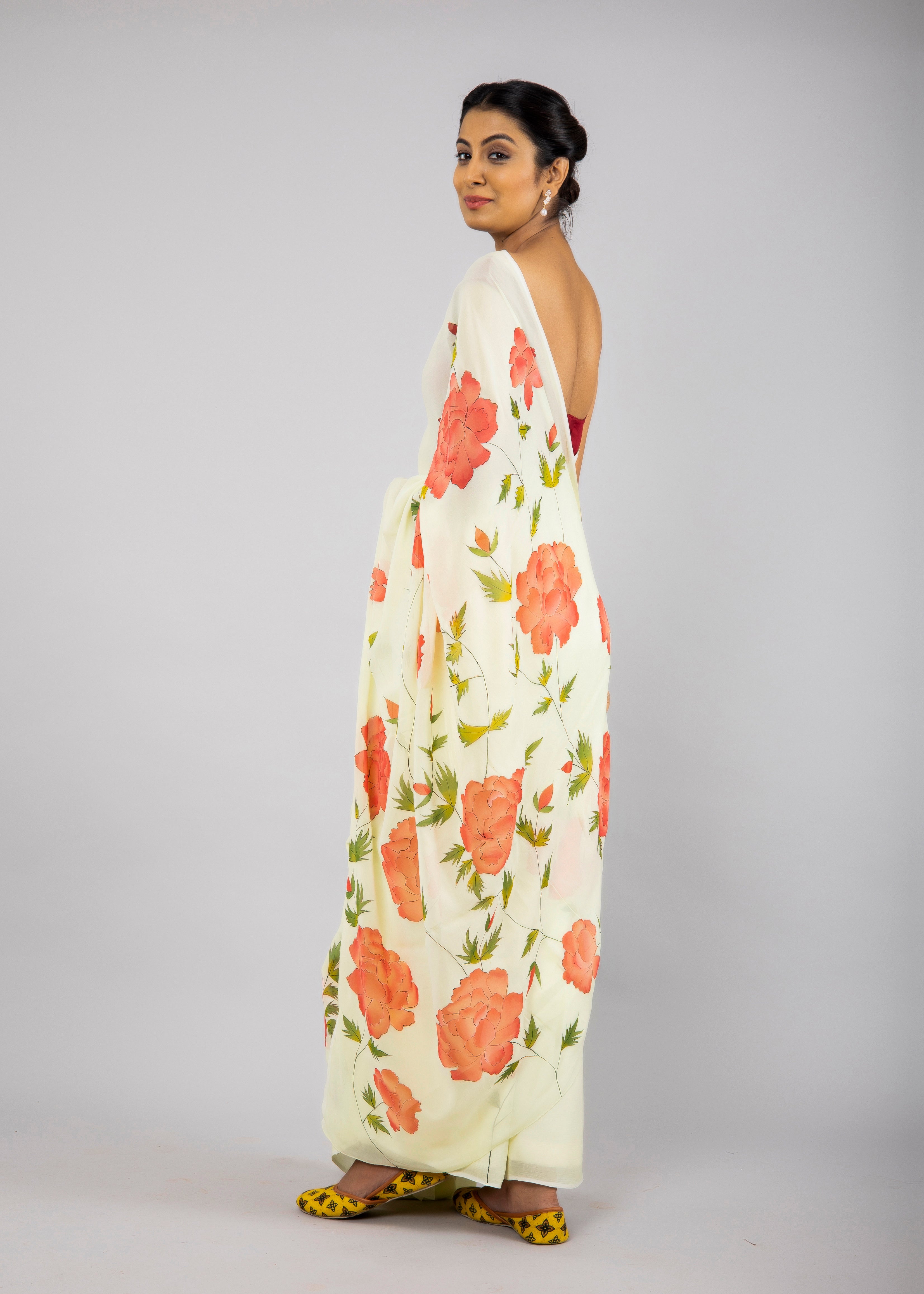 Hand-painted Lime Green Georgette Peonies Saree