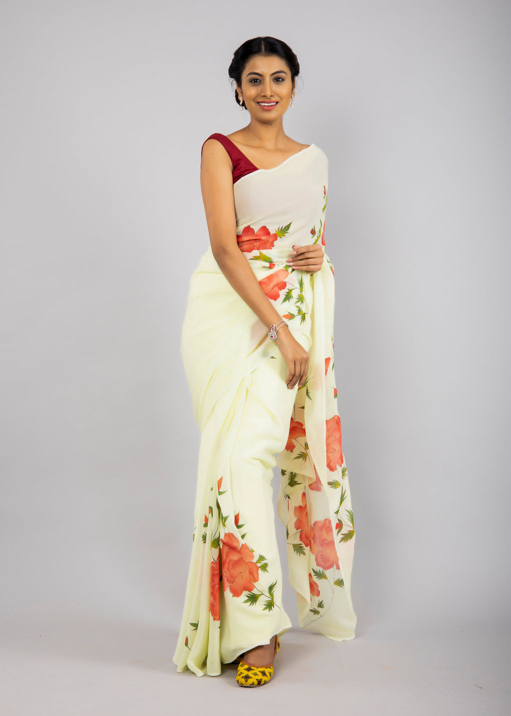 Hand-painted Lime Green Georgette Peonies Saree