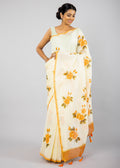 Handpainted Lemon Yellow Chanderi silk Saree