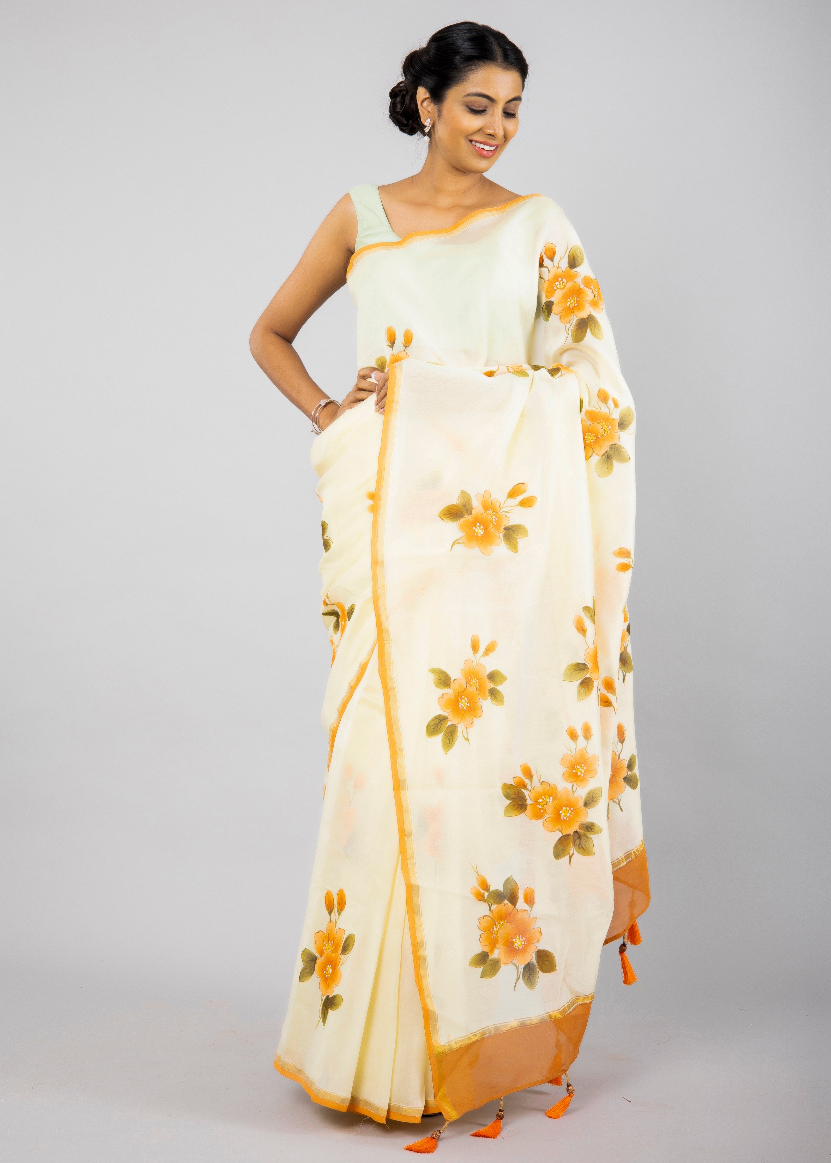 Handpainted Lemon Yellow Chanderi silk Saree