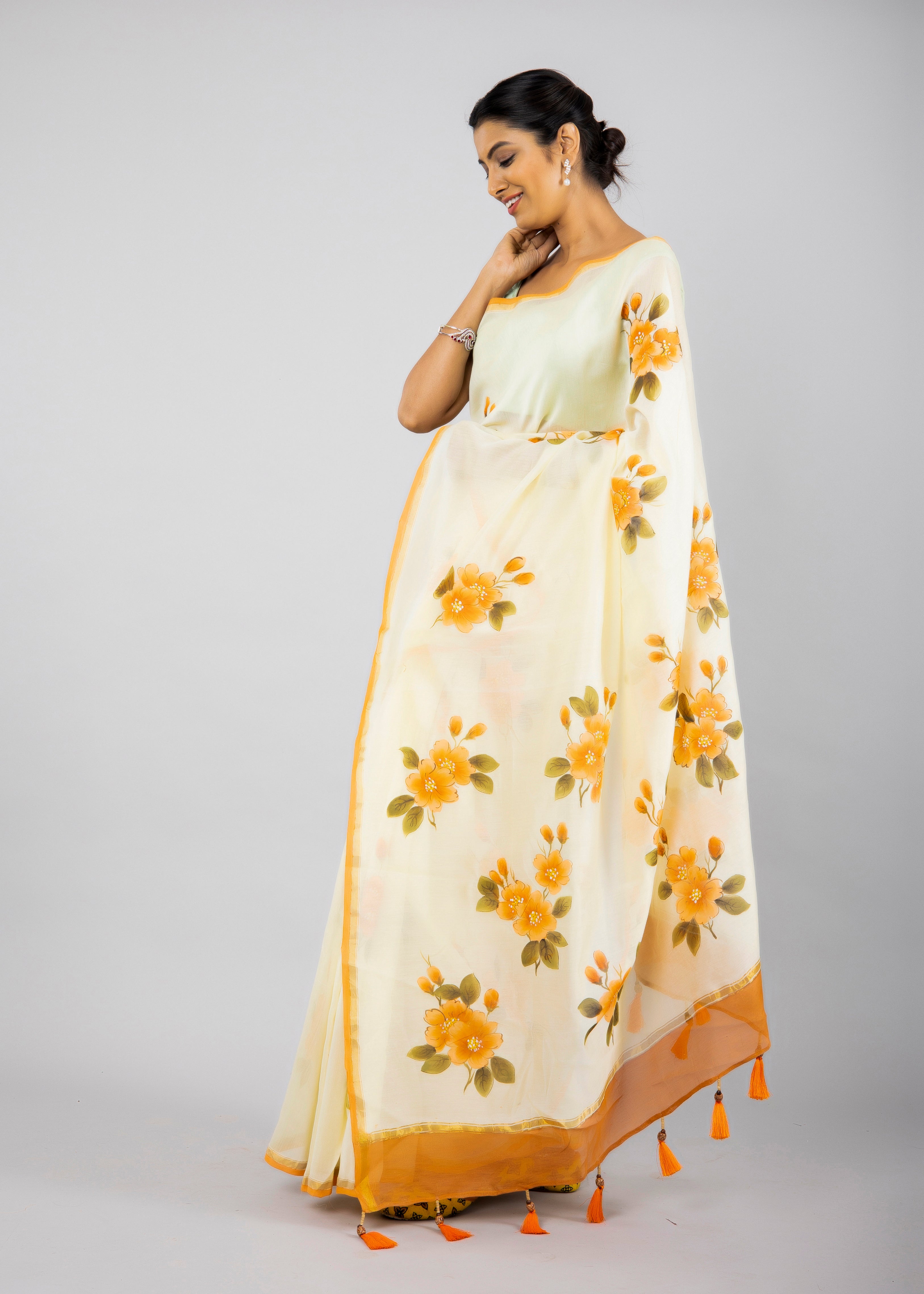 Handpainted Lemon Yellow Chanderi silk Saree