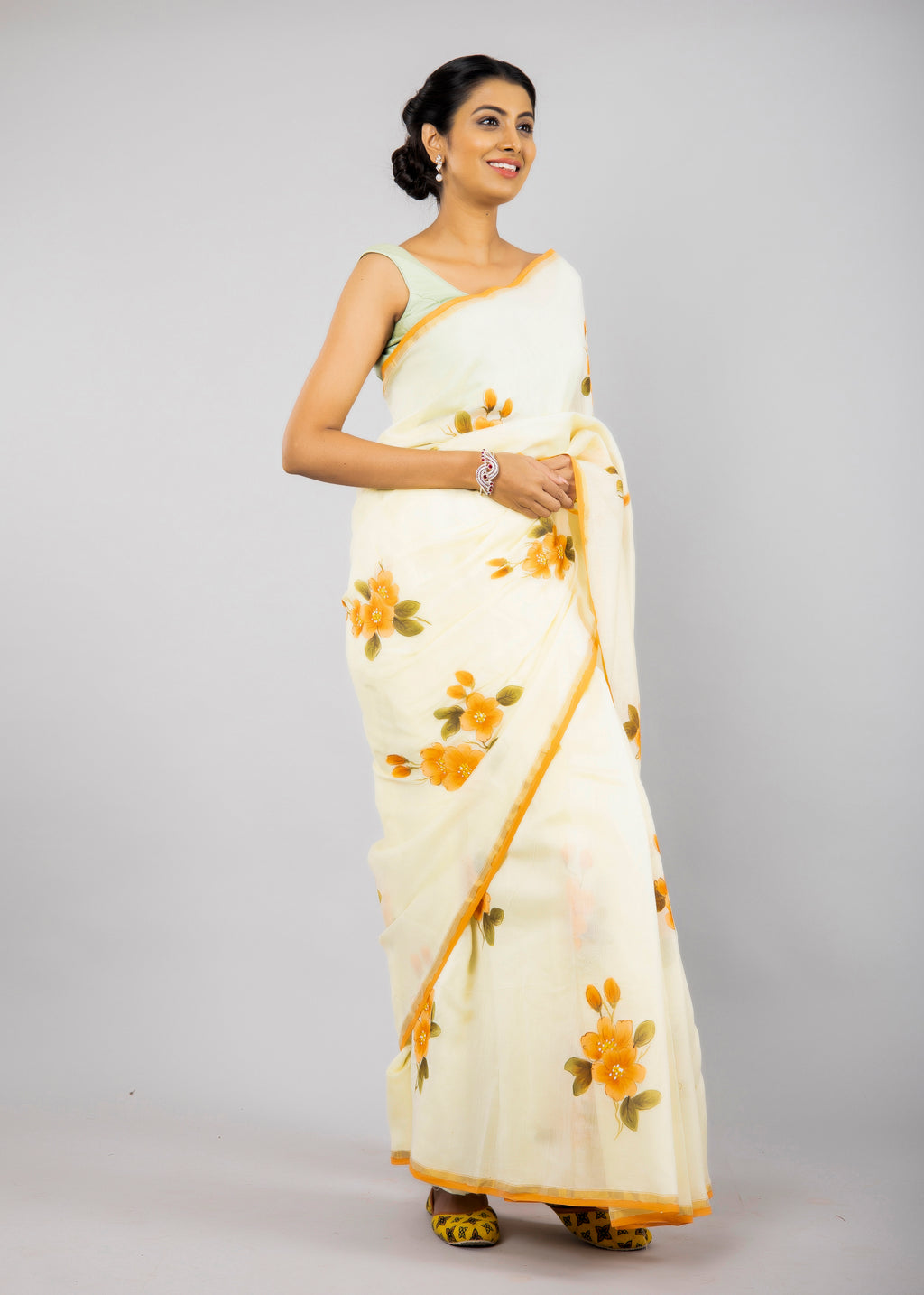Handpainted Lemon Yellow Chanderi silk Saree