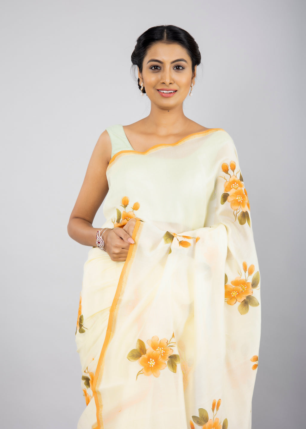 Handpainted Lemon Yellow Chanderi silk Saree