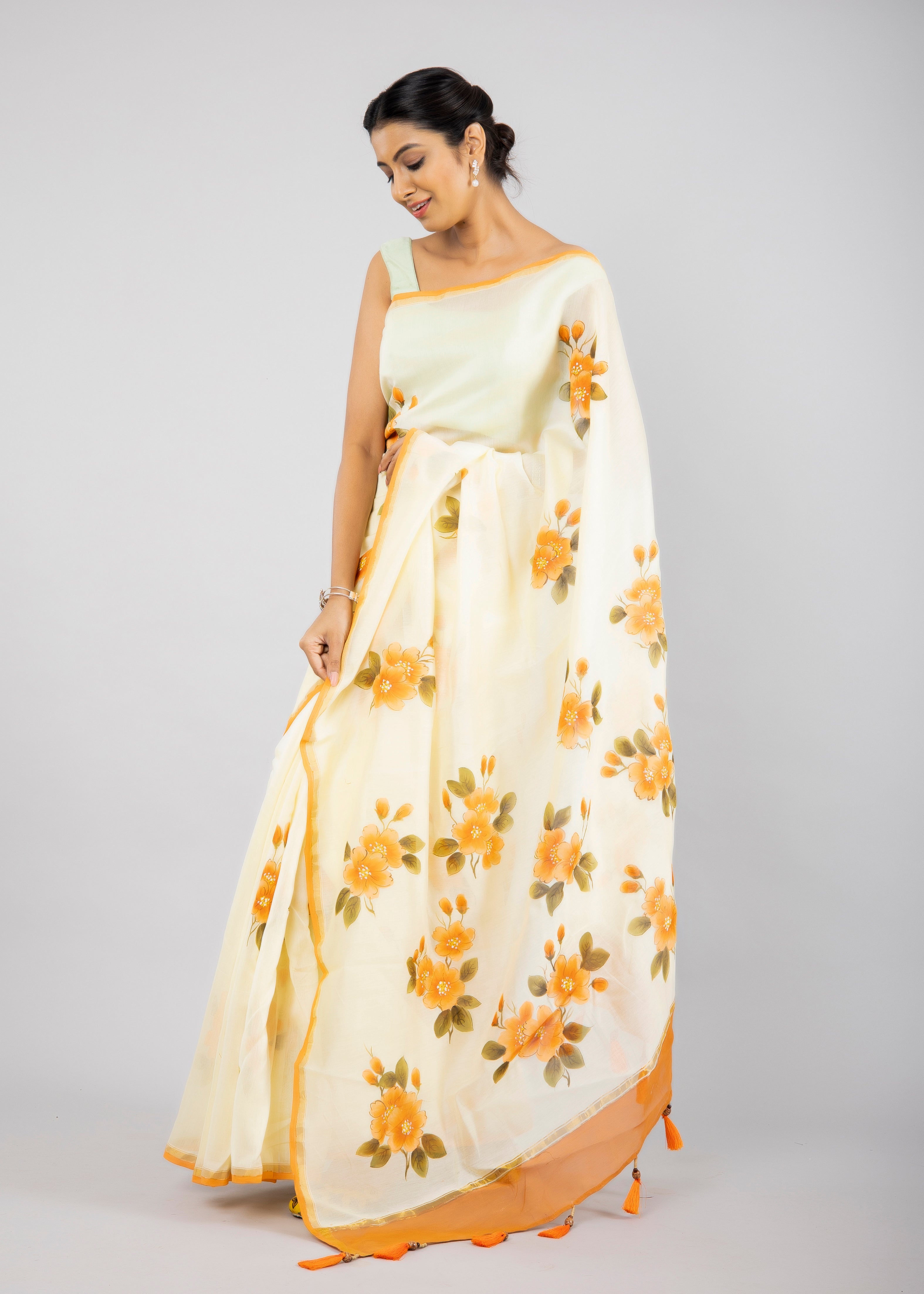 Handpainted Lemon Yellow Chanderi silk Saree