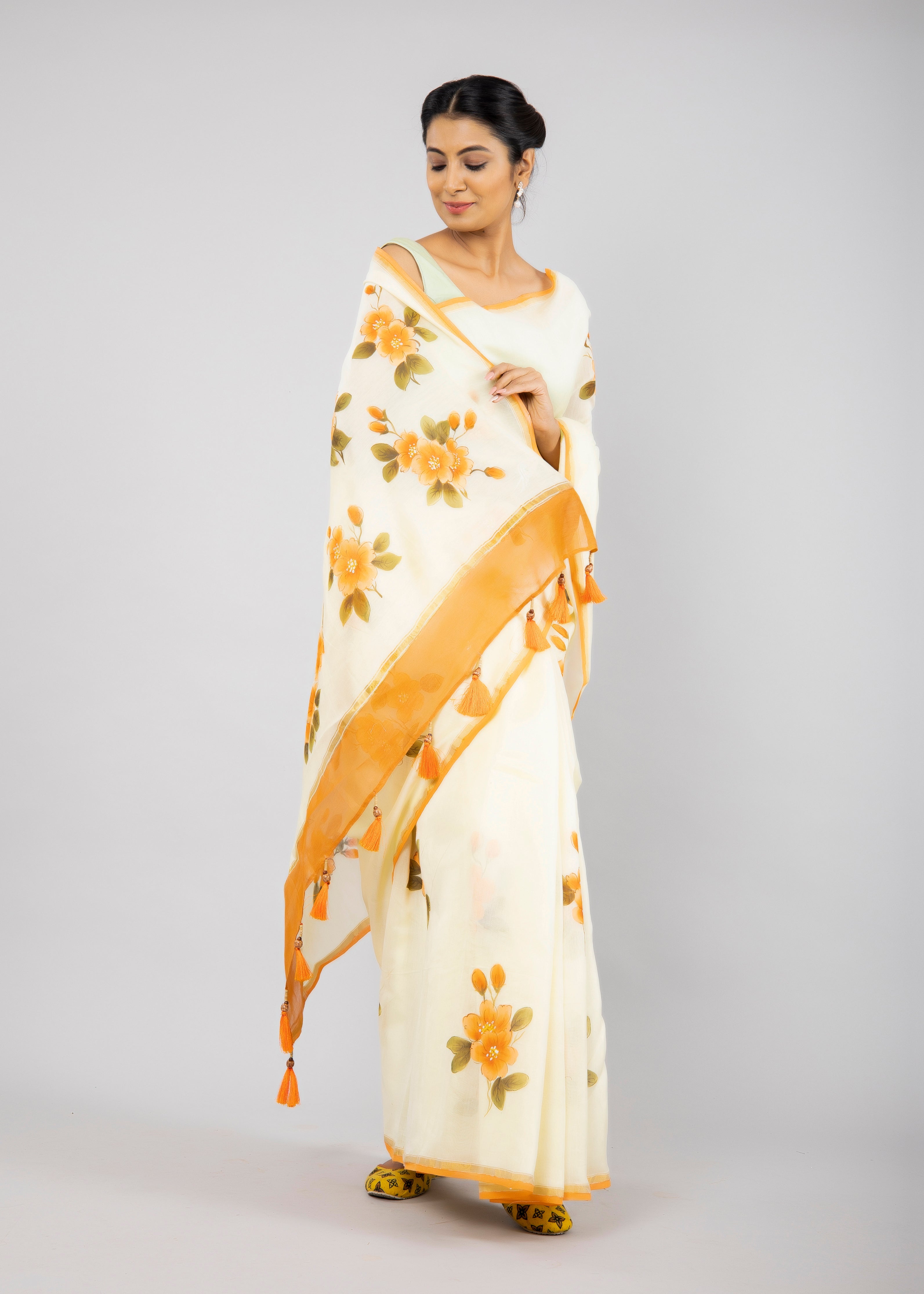 Handpainted Lemon Yellow Chanderi silk Saree