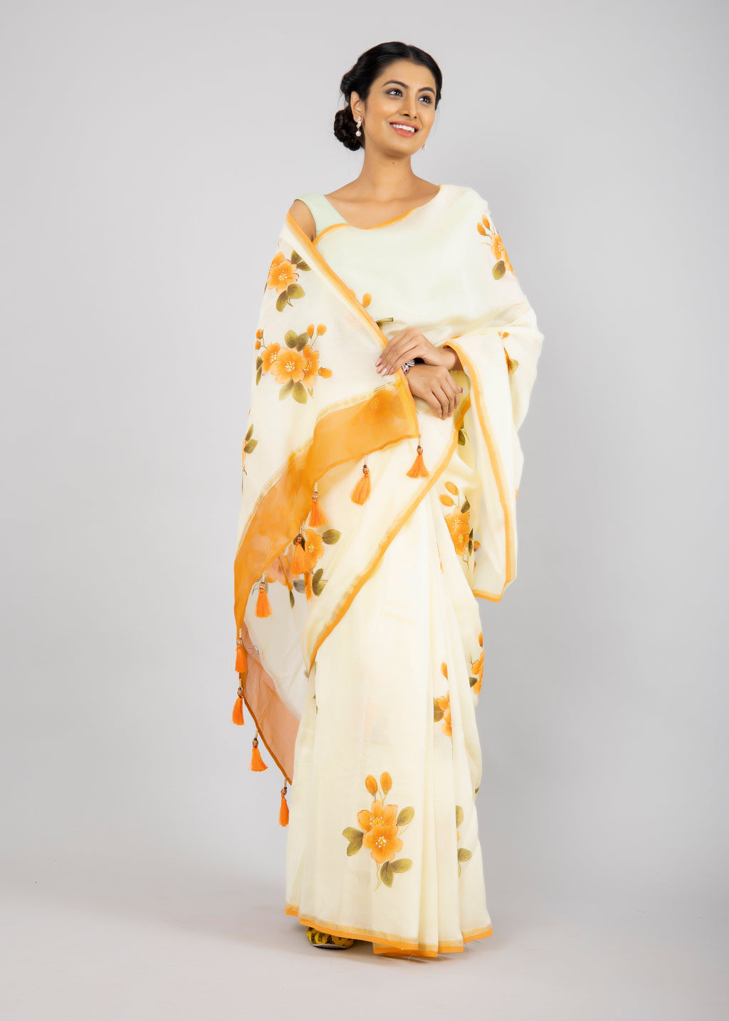 Handpainted Lemon Yellow Chanderi silk Saree