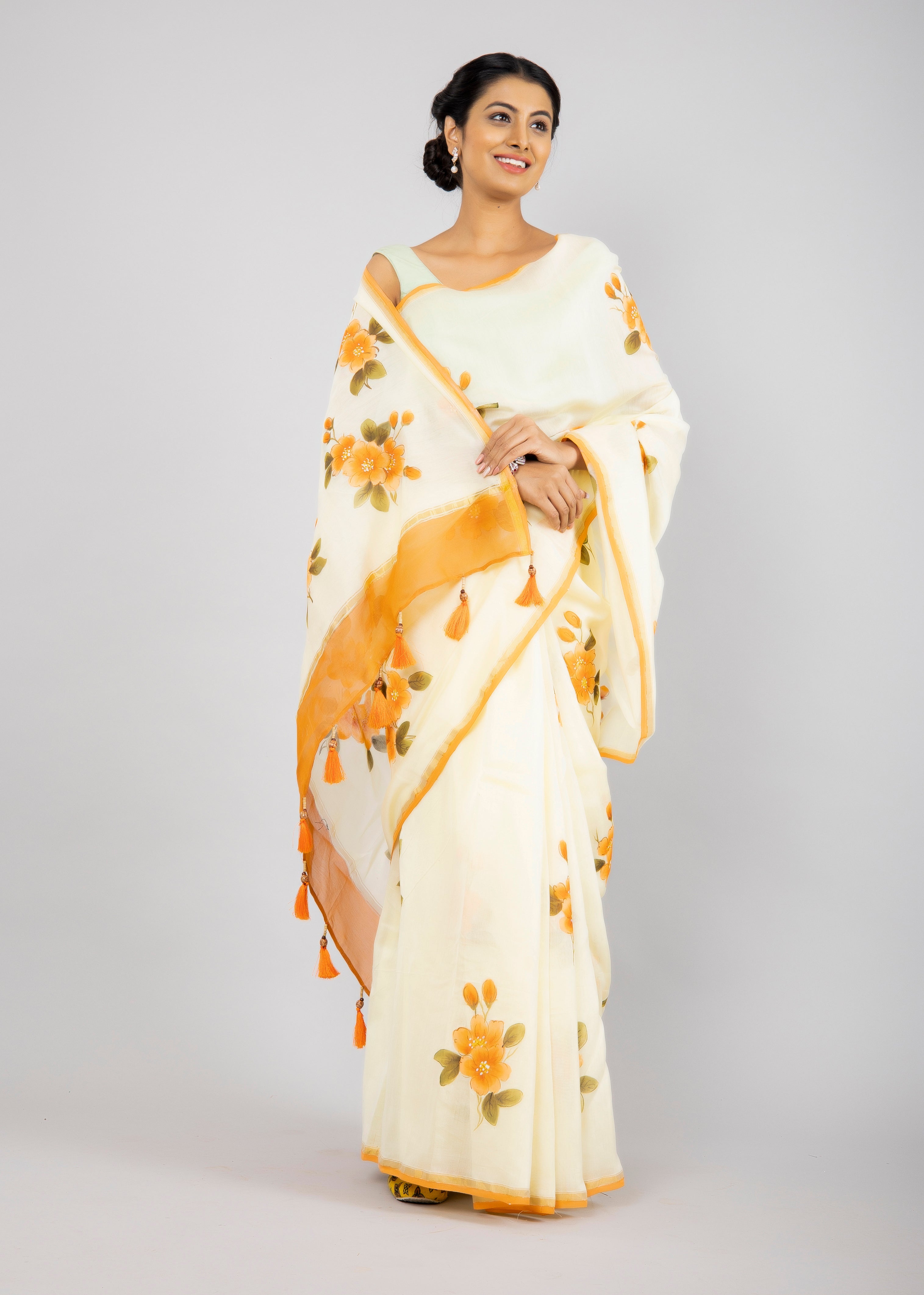 Handpainted Lemon Yellow Chanderi silk Saree
