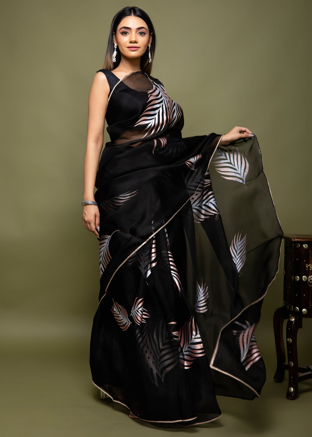 Hand-Painted and Hand-Embroidered Black Pure Silk Organza Palm Leaf Saree