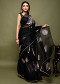 Hand-Painted and Hand-Embroidered Black Pure Silk Organza Palm Leaf Saree