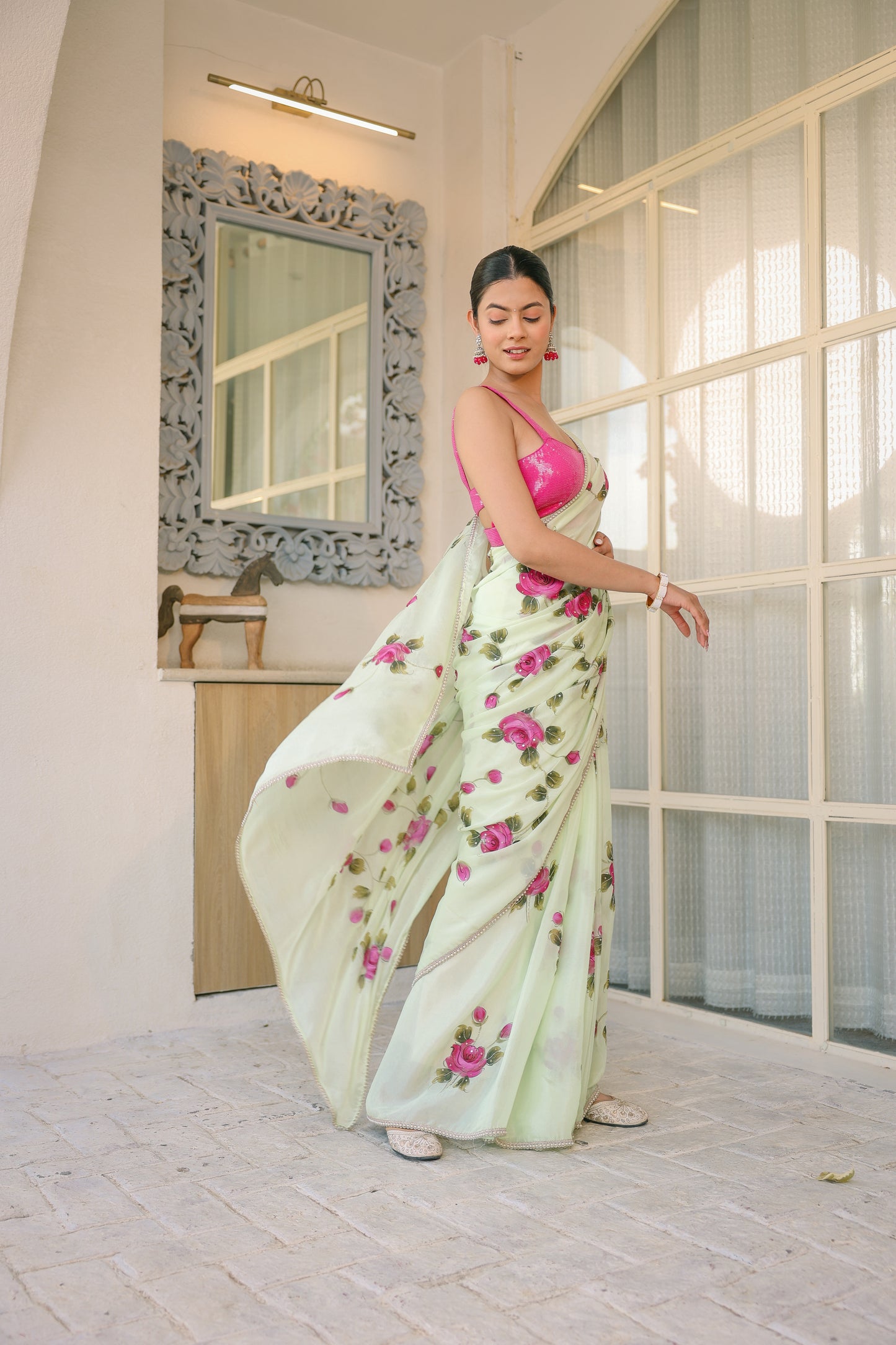 Hand-painted Light Green Floral Crepe Saree