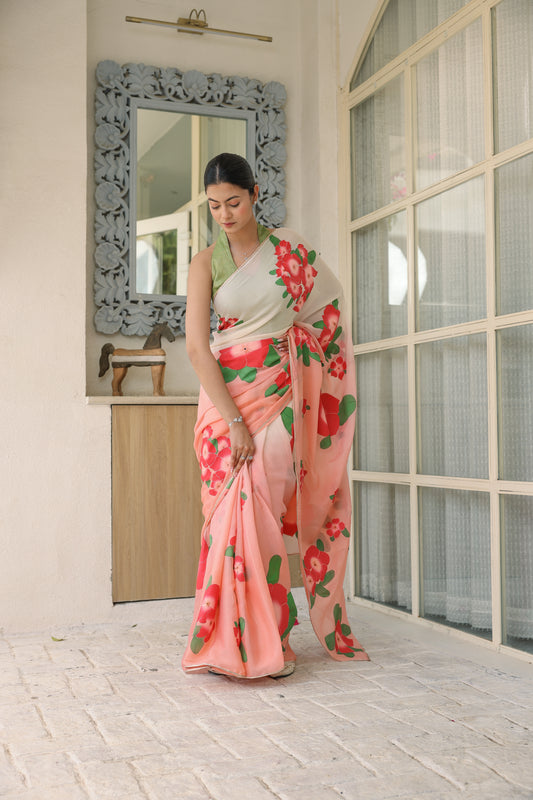 Hand-Painted Peach Ombre Floral Chinon Chiffon Saree