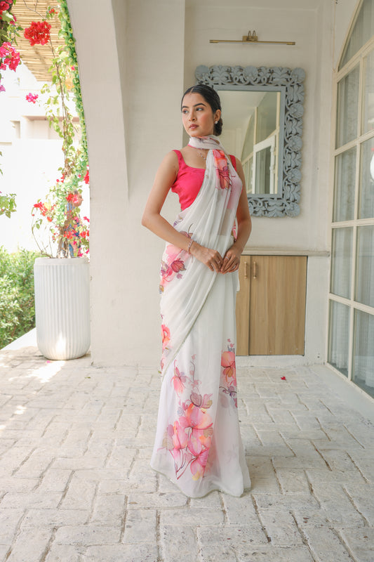 Hand-Painted White Floral  Chiffon Saree