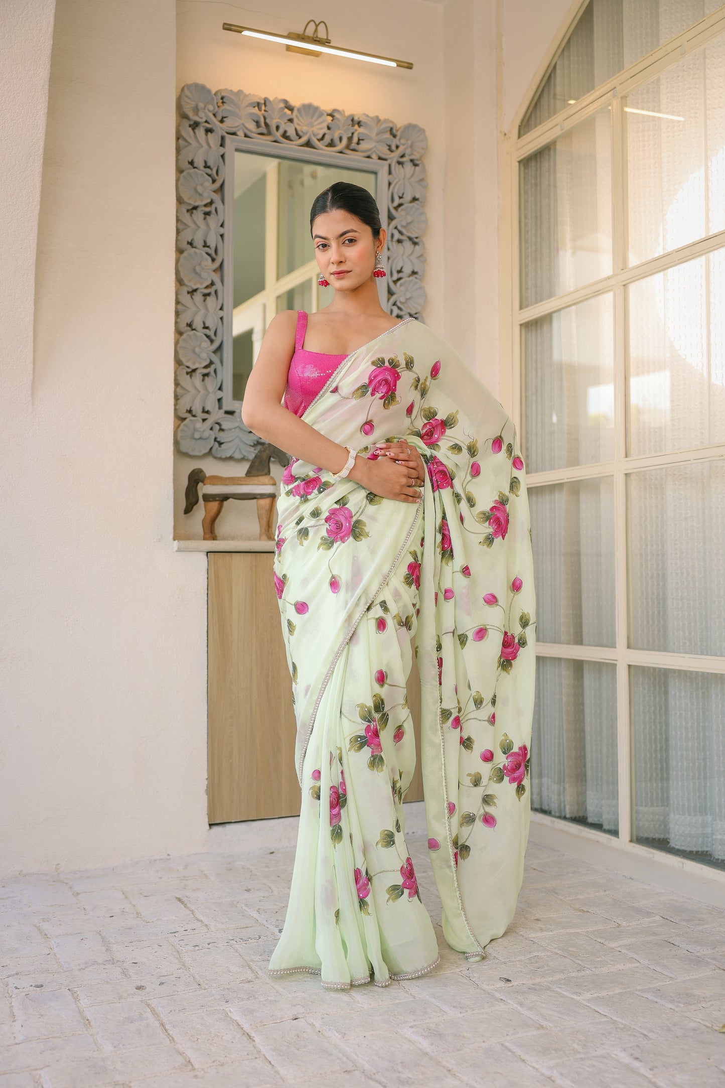 Hand-painted Light Green Floral Crepe Saree
