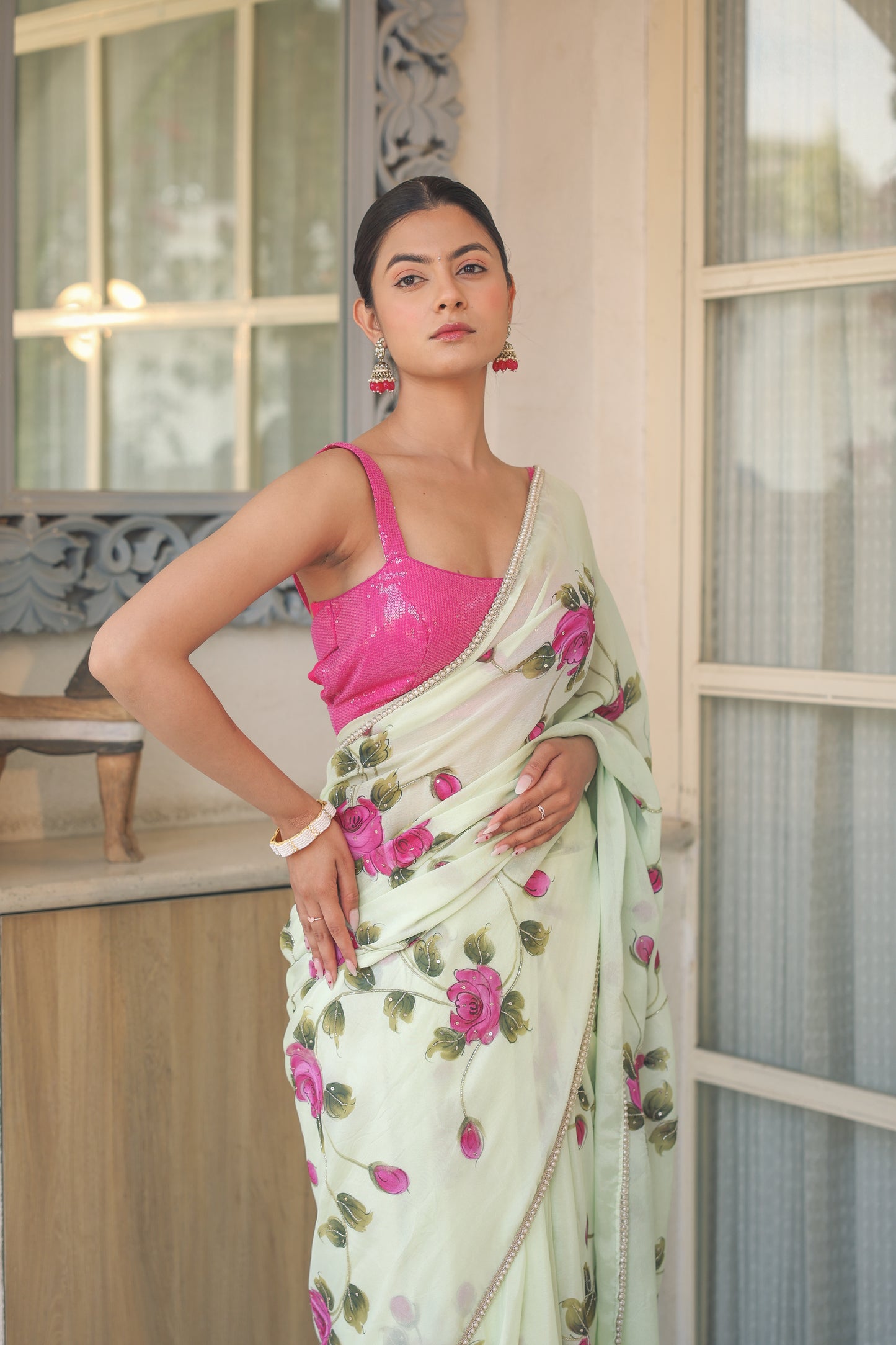 Hand-painted Light Green Floral Crepe Saree