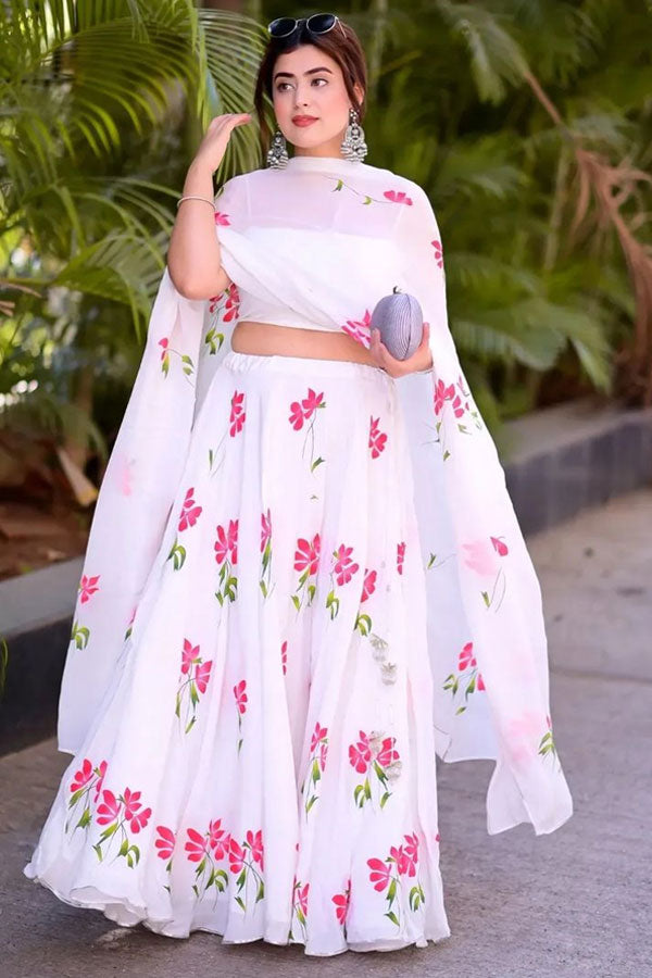 Handpainted White Natural Crepe  poppy lehenga