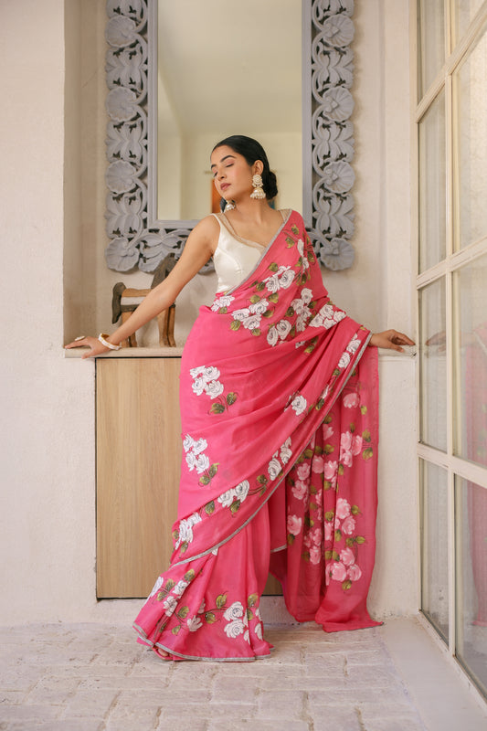 Hand-painted Light Cherry Floral Crepe Saree