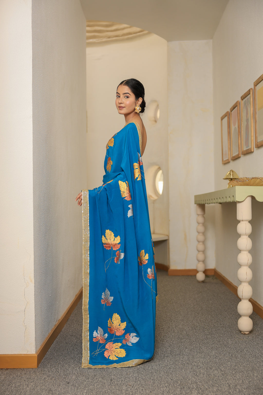 Handpainted and Hand embroidered Turquoise Pure Crepe Silk Golden Maple Saree