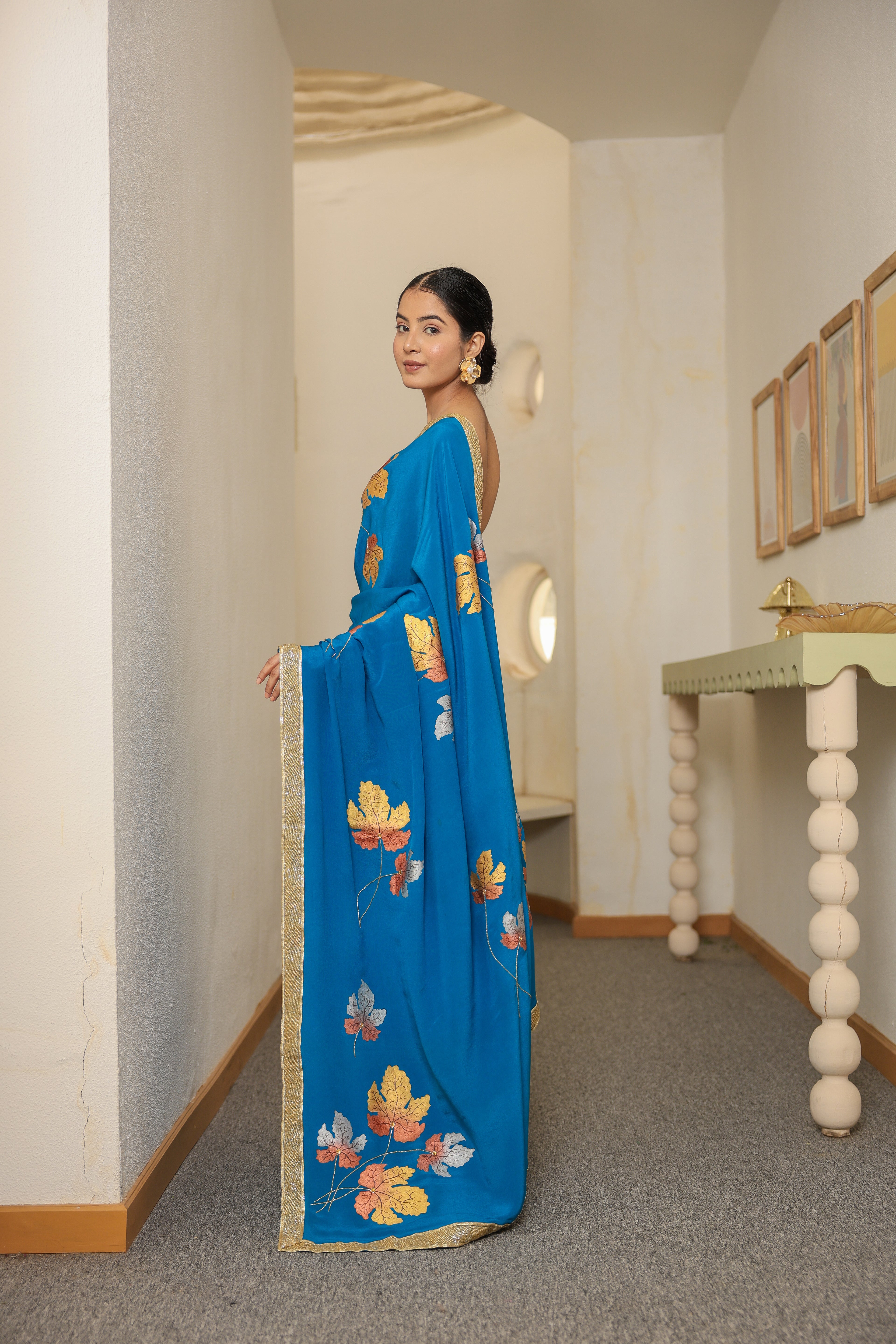 Handpainted and Hand embroidered Turquoise Pure Crepe Silk Golden Maple Saree