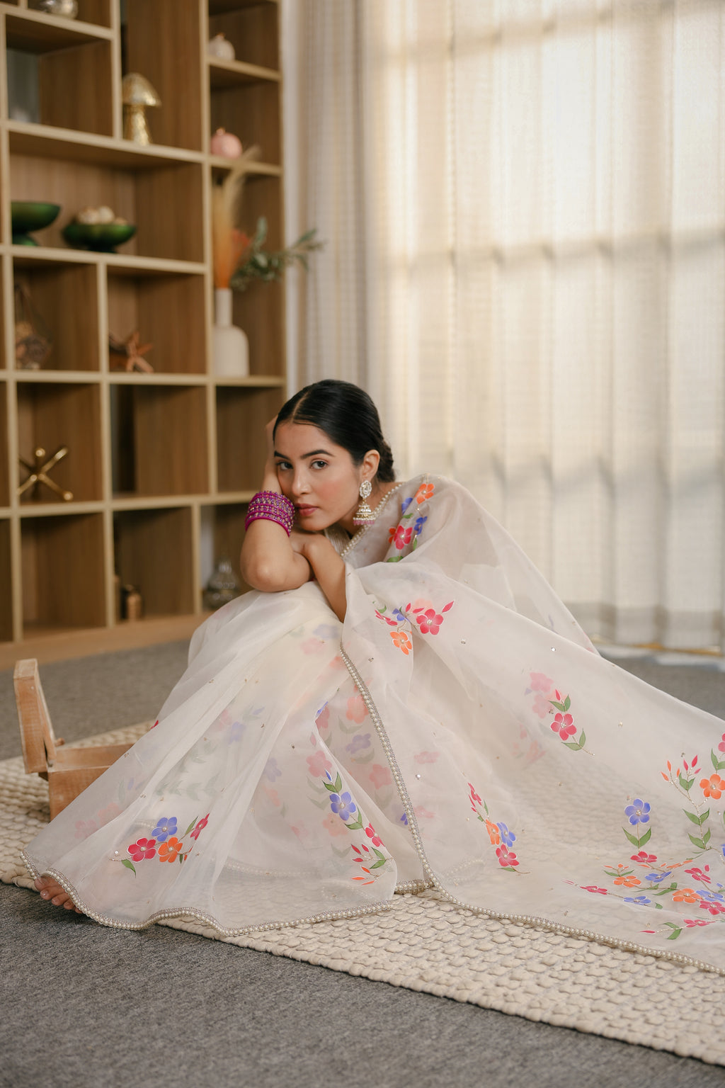 Handpainted and Hand embroidered White Pure Silk Organza Saree