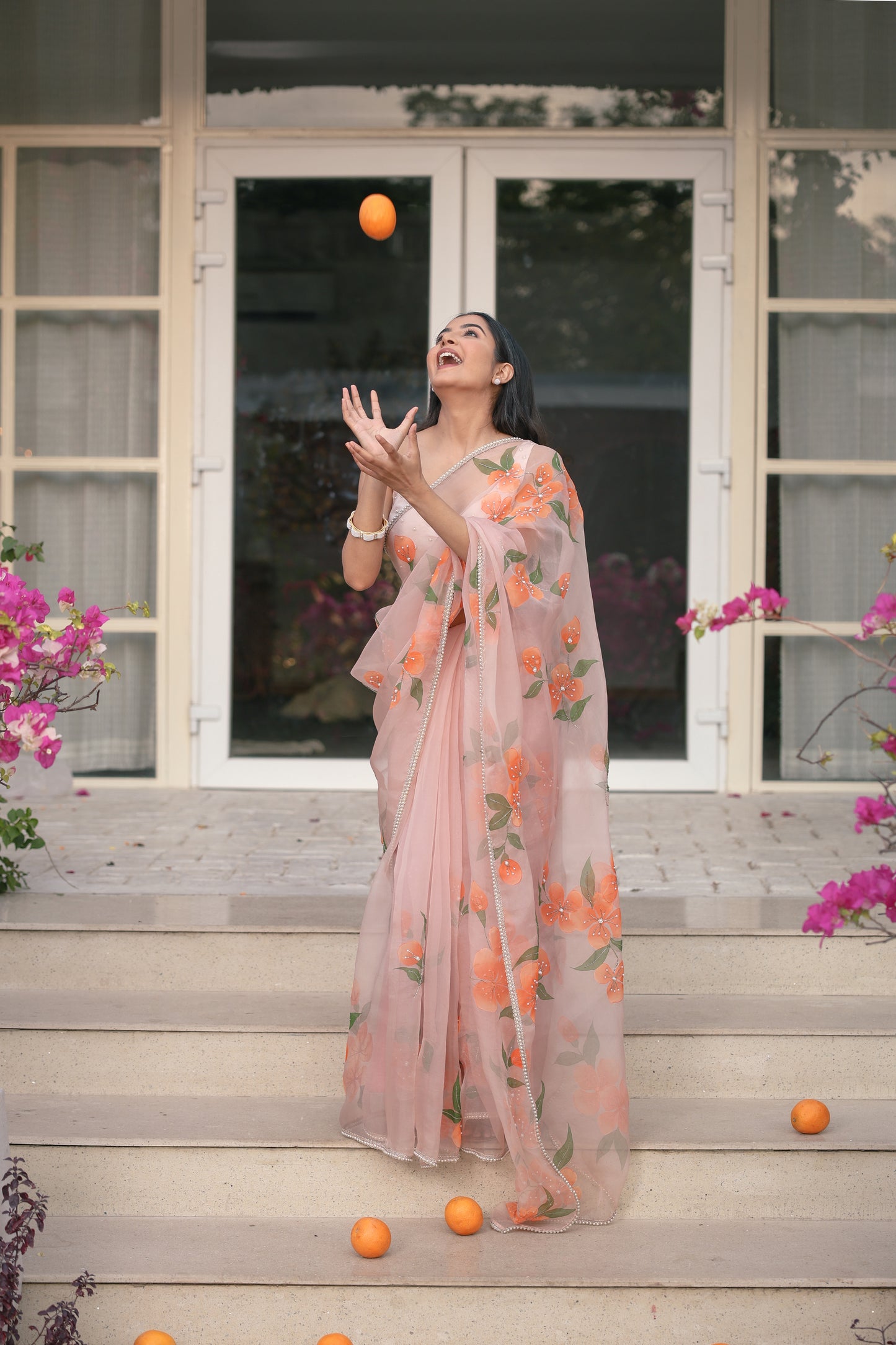 Hand-Painted Pastel Peach Floral Silk Organza Saree
