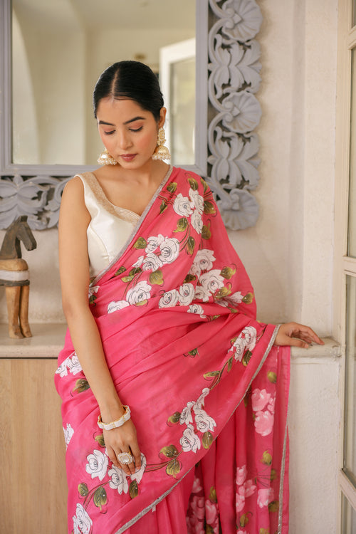 Handpainted and Handembroidered Pink Chinon Crepe Saree