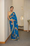 Handpainted and Hand embroidered Turquoise Pure Crepe Silk Golden Maple Saree