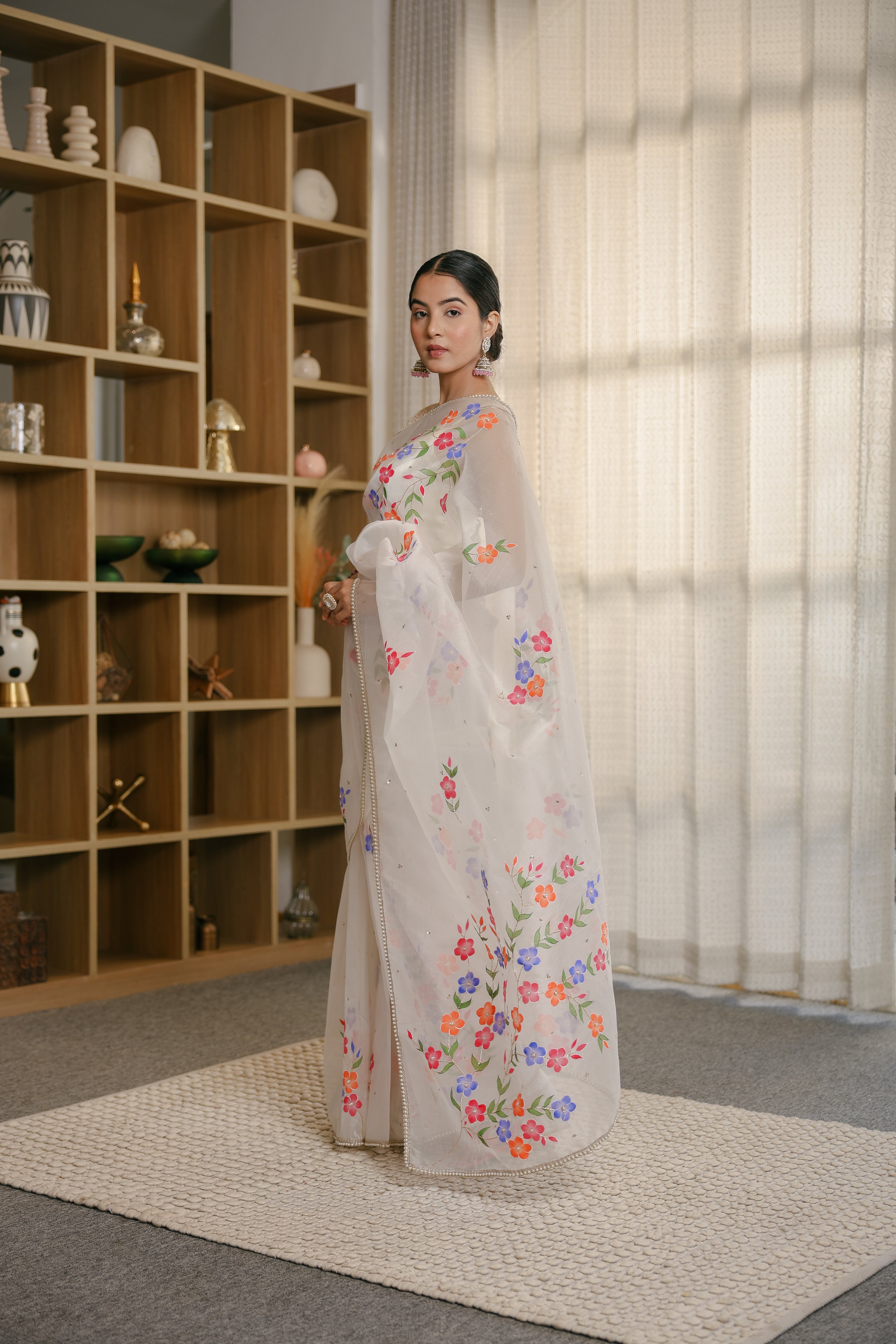 Handpainted and Hand embroidered White Pure Silk Organza Saree