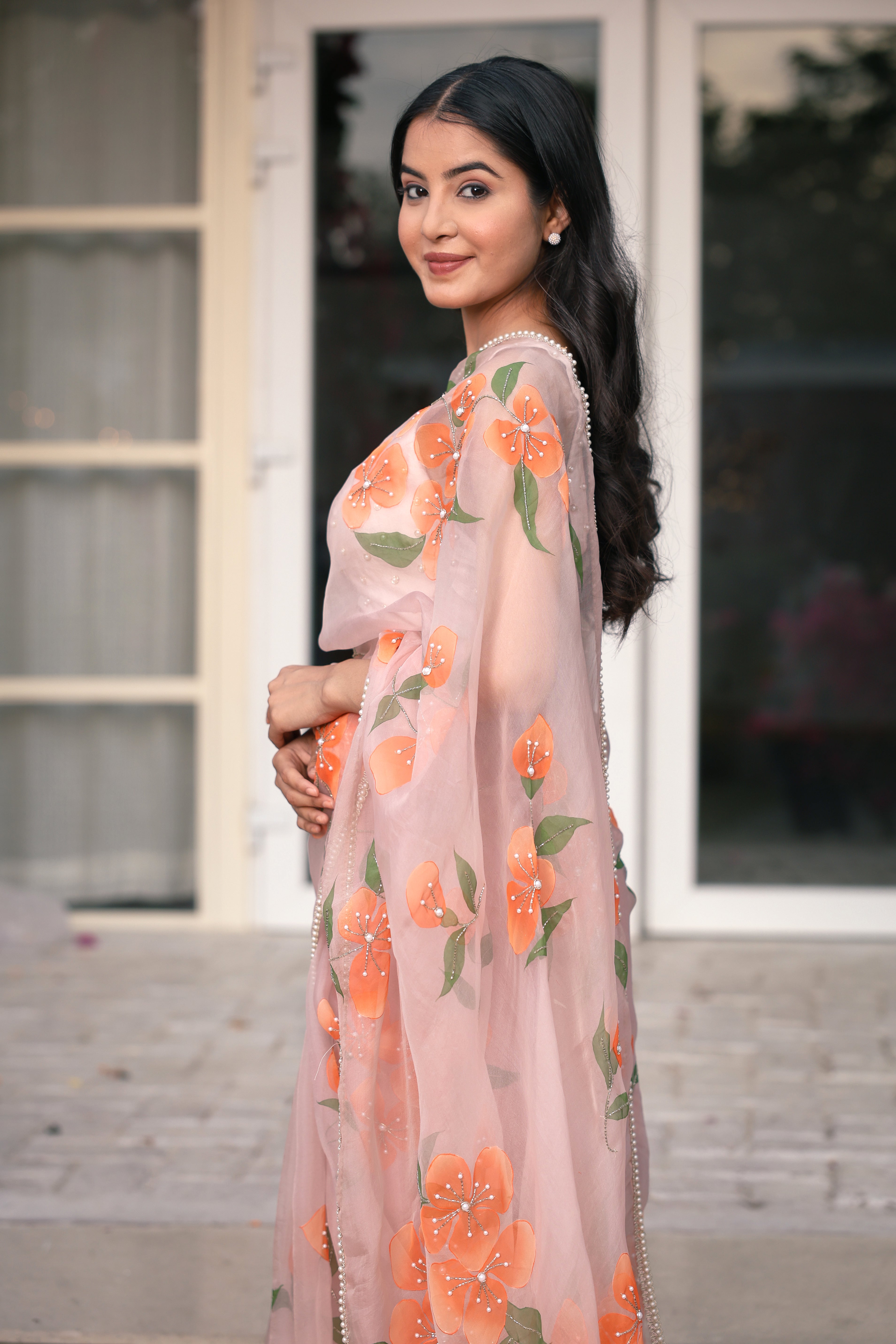 Handpainted and Handembroidered peach Pure Silk Organza Floral Saree