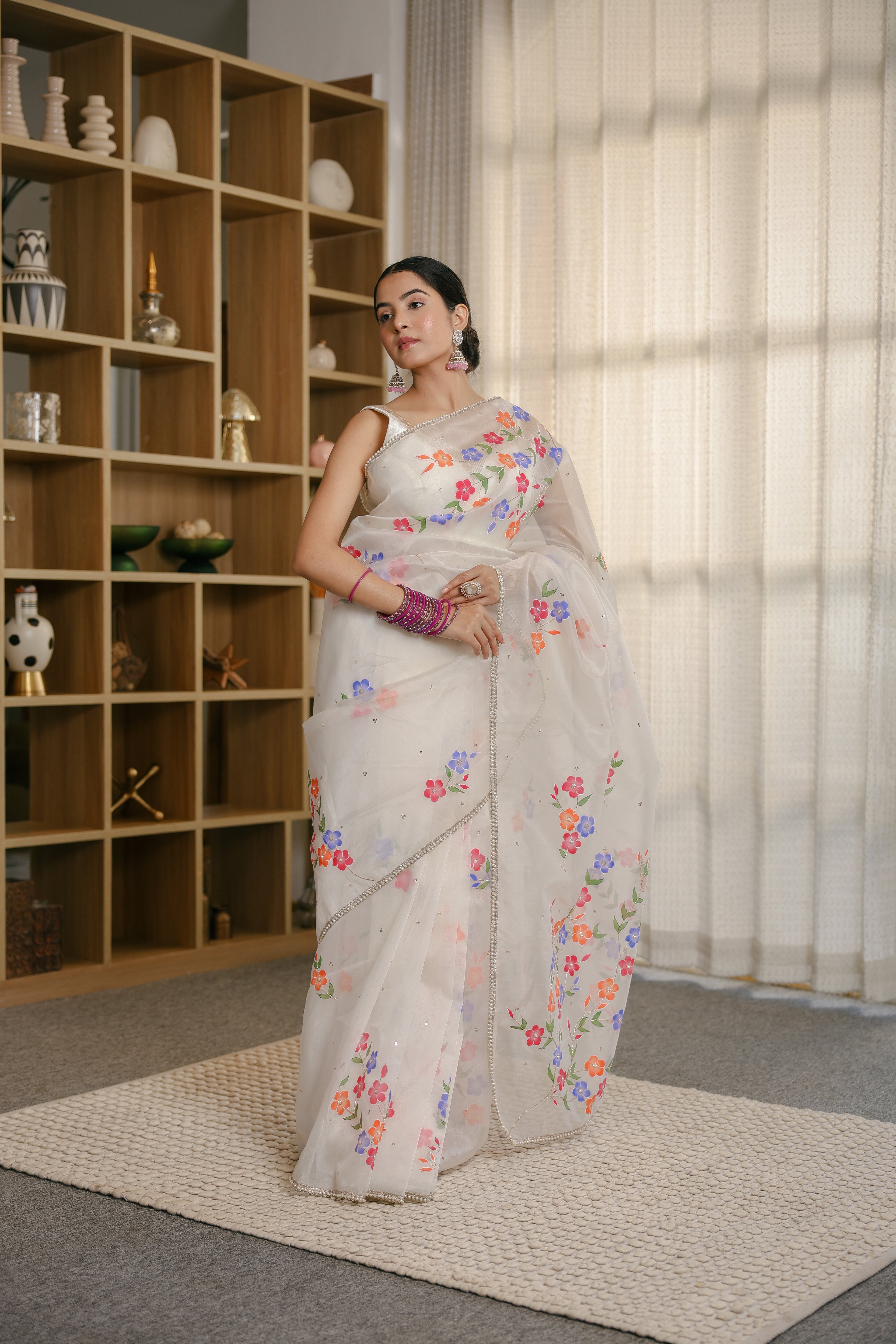 Handpainted and Hand embroidered White Pure Silk Organza Saree