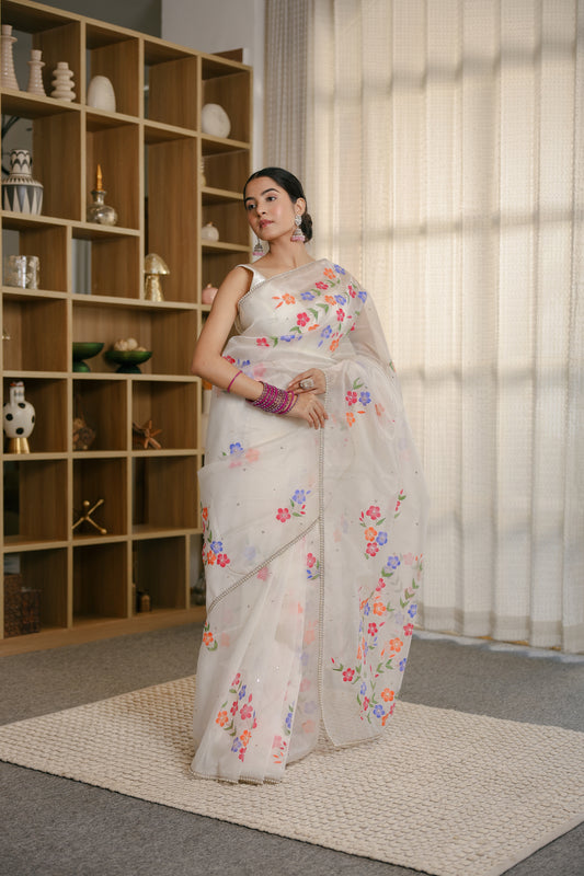 Hand-painted White Floral Pure Silk Organza Saree