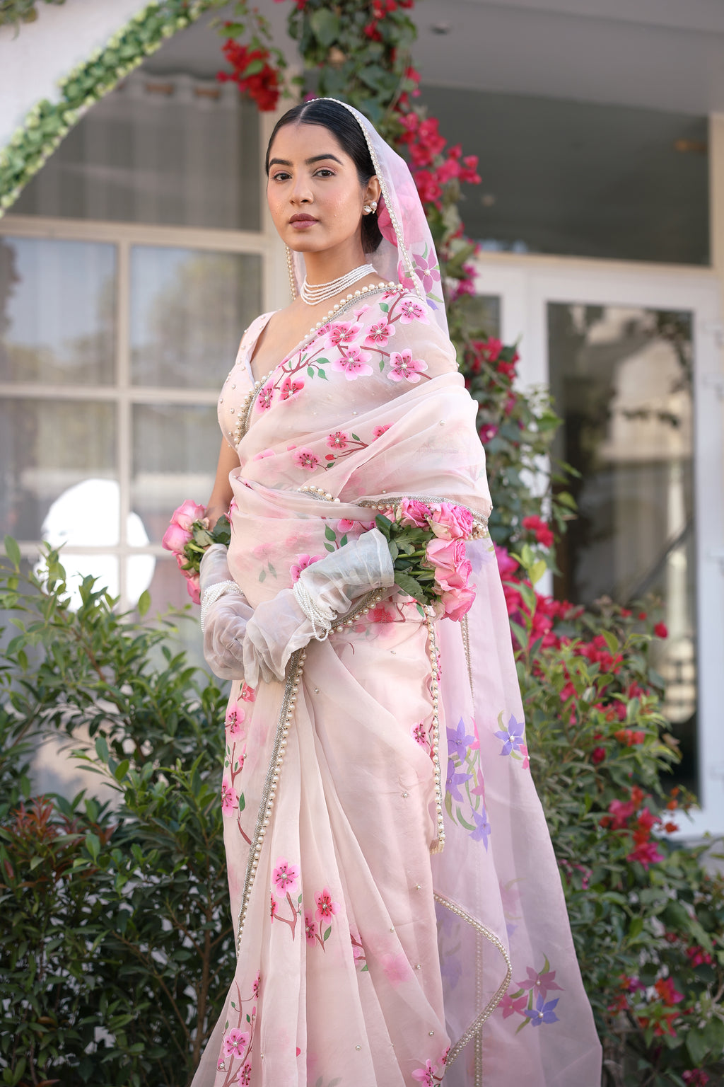Handpainted and Hand embroidered Powder Pink Pure Silk Organza Cherry Blossom Saree