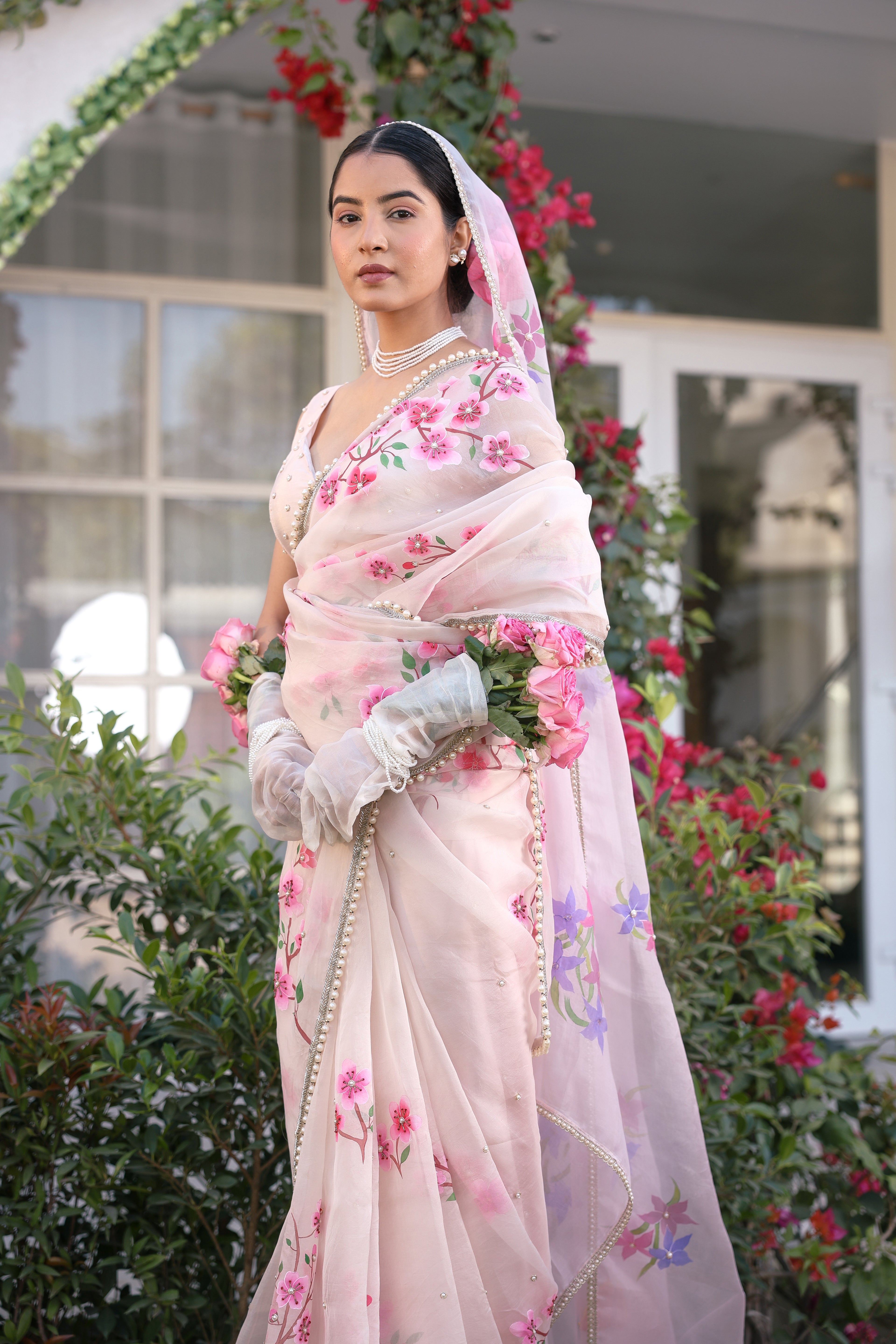 Handpainted and Hand embroidered Powder Pink Pure Silk Organza Cherry Blossom Saree