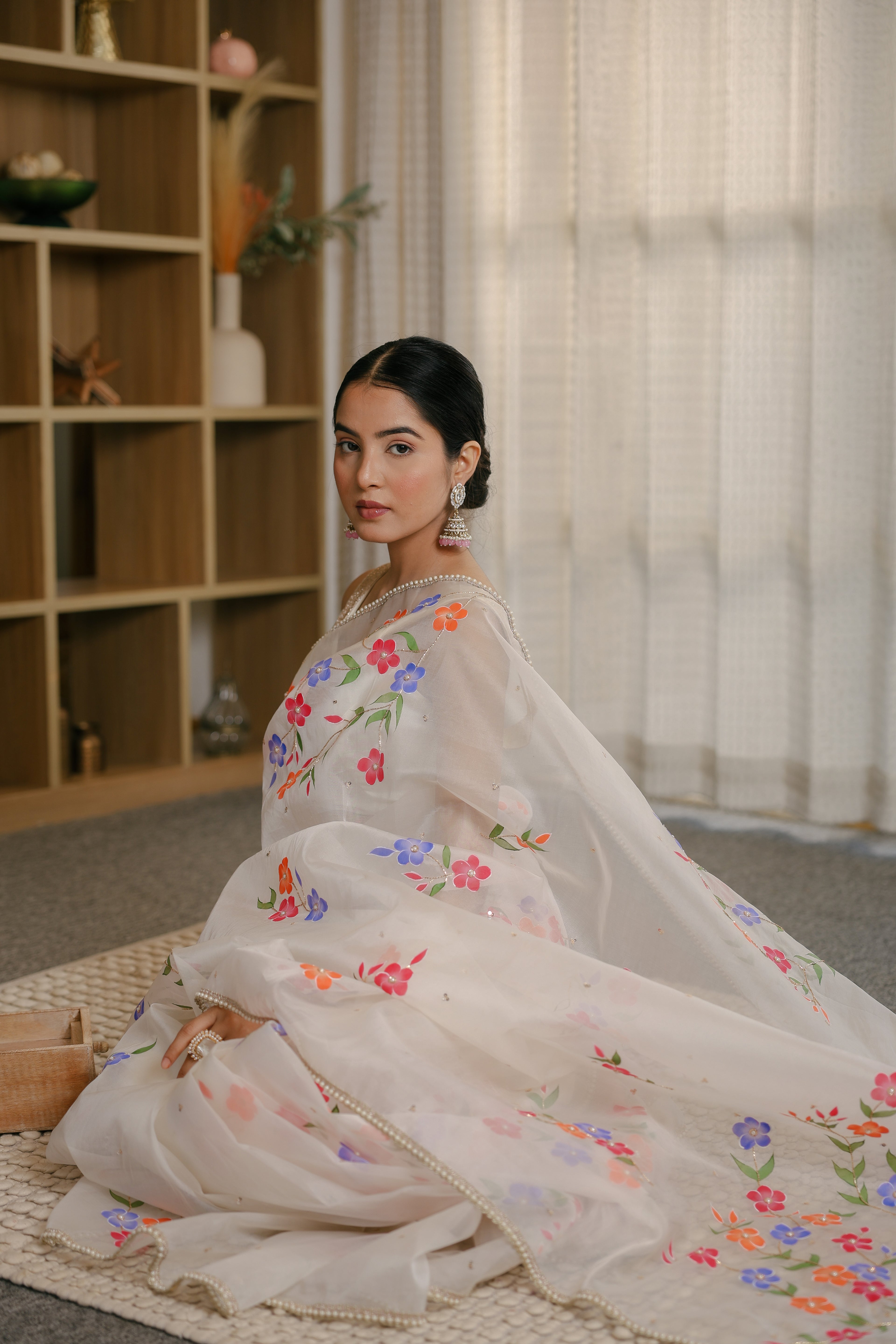 Handpainted and Hand embroidered White Pure Silk Organza Saree