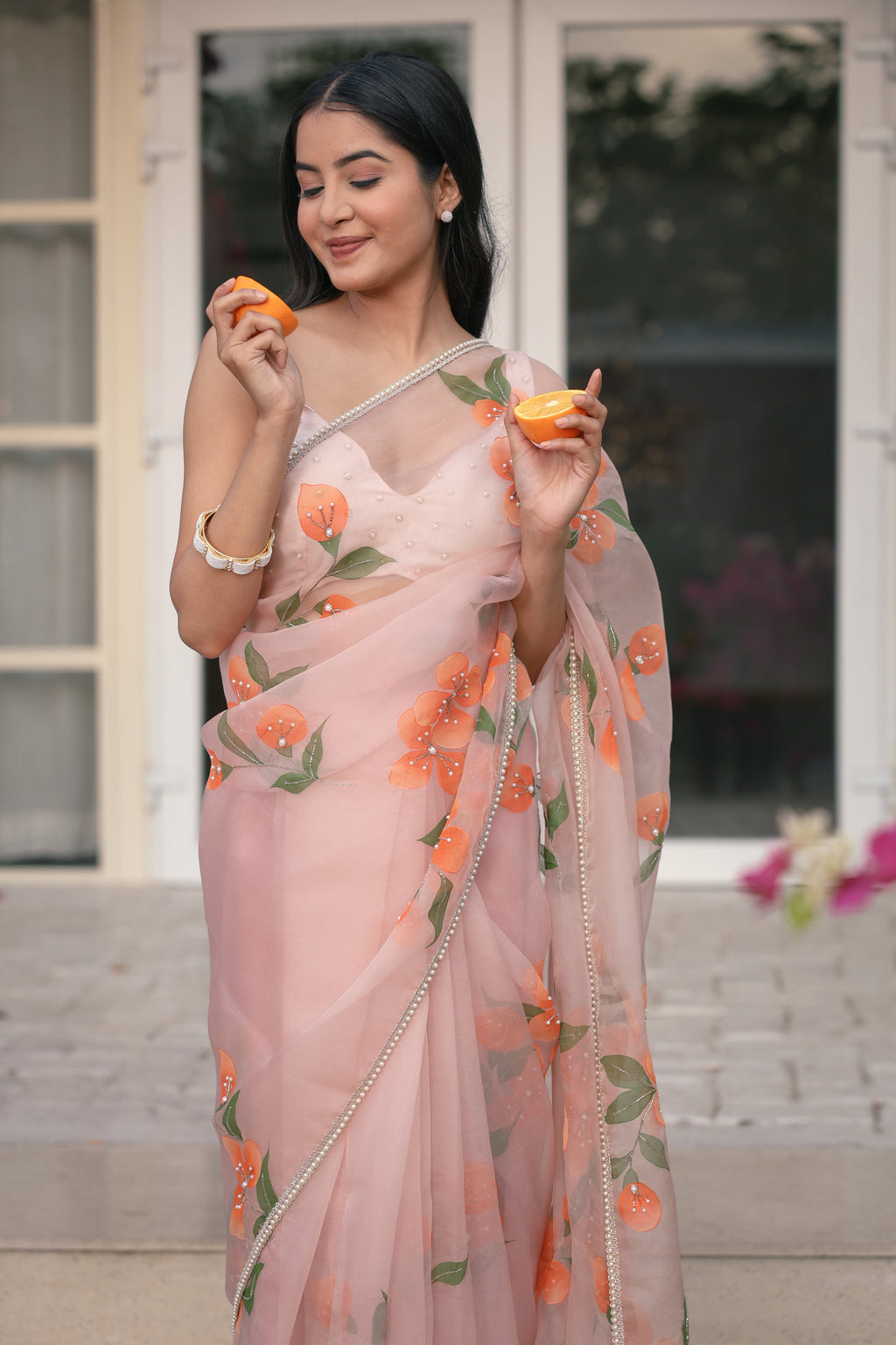 Handpainted and Handembroidered peach Pure Silk Organza Floral Saree