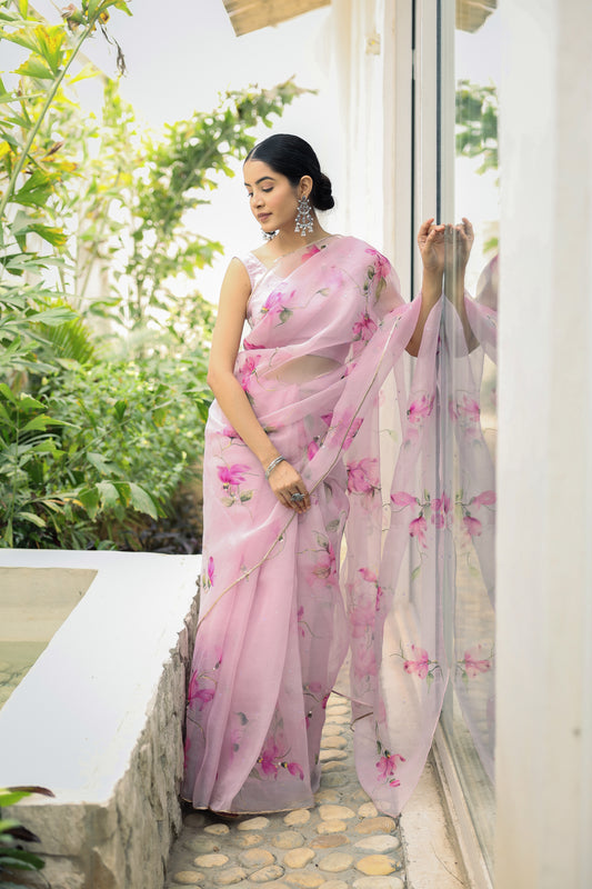 Hand-painted pastel mauve floral silk organza saree