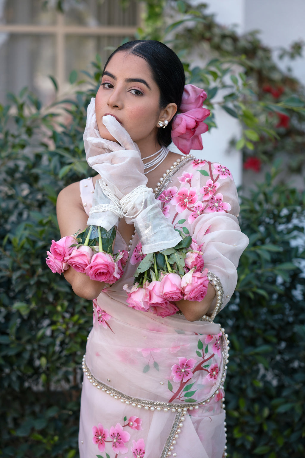 Powder Pink Pearl & Glass Bead Silk Organza Saree