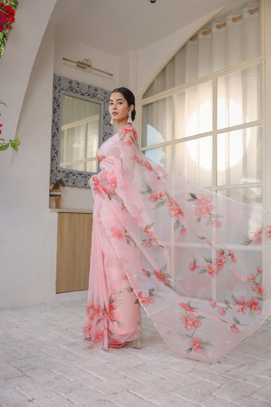 Hand-painted powder pink floral silk organza saree