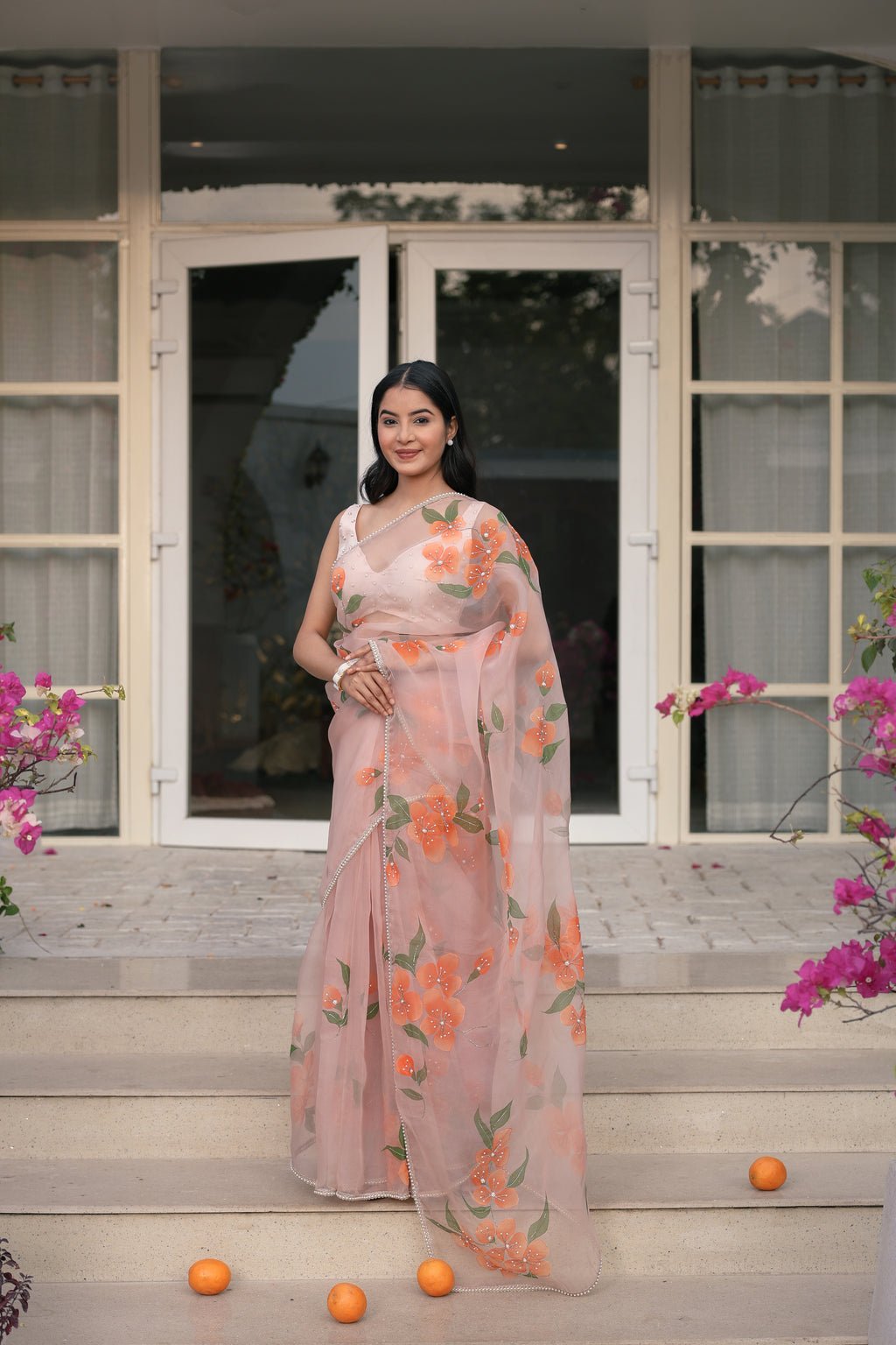 Handpainted and Handembroidered peach Pure Silk Organza Floral Saree