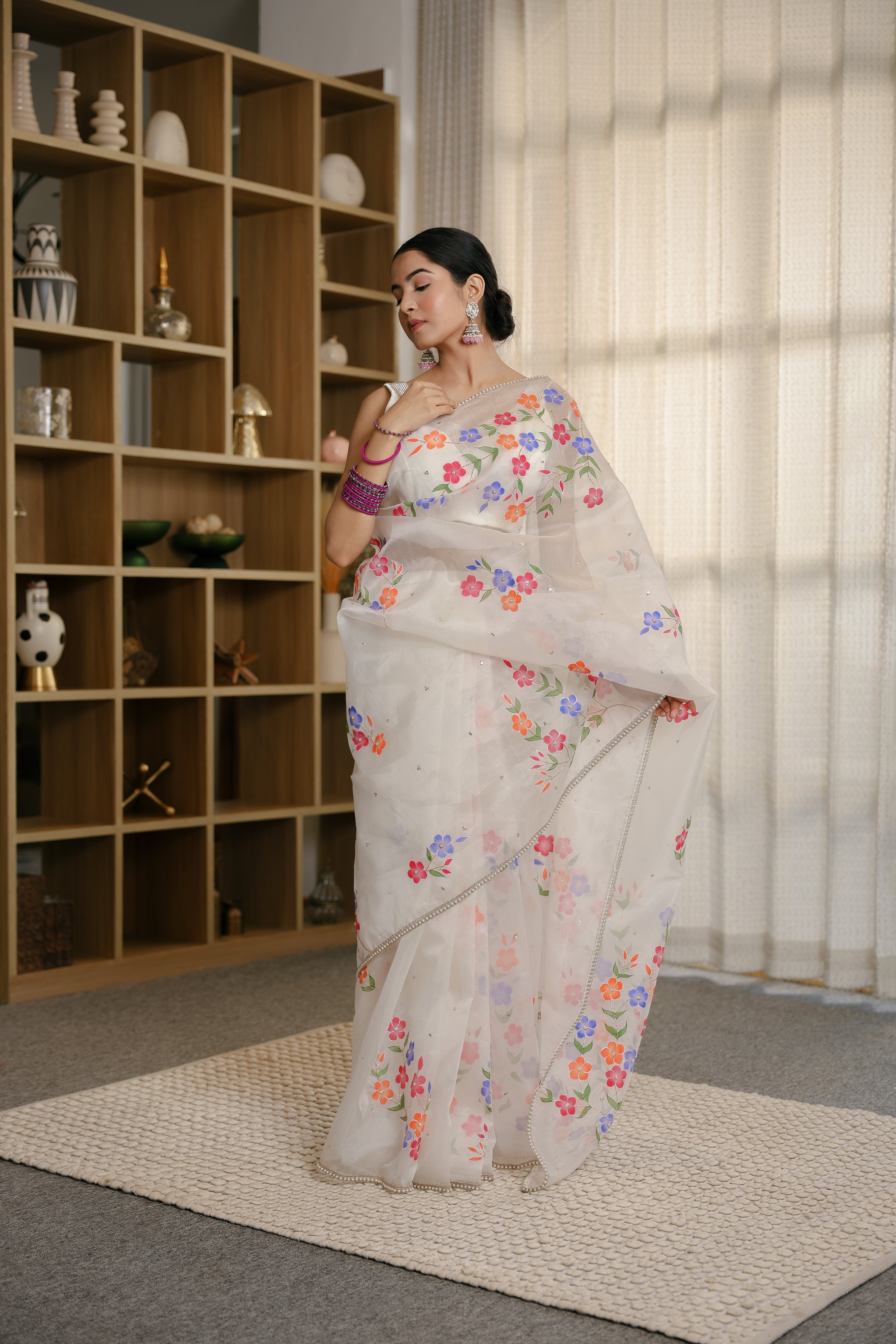 Handpainted and Hand embroidered White Pure Silk Organza Saree